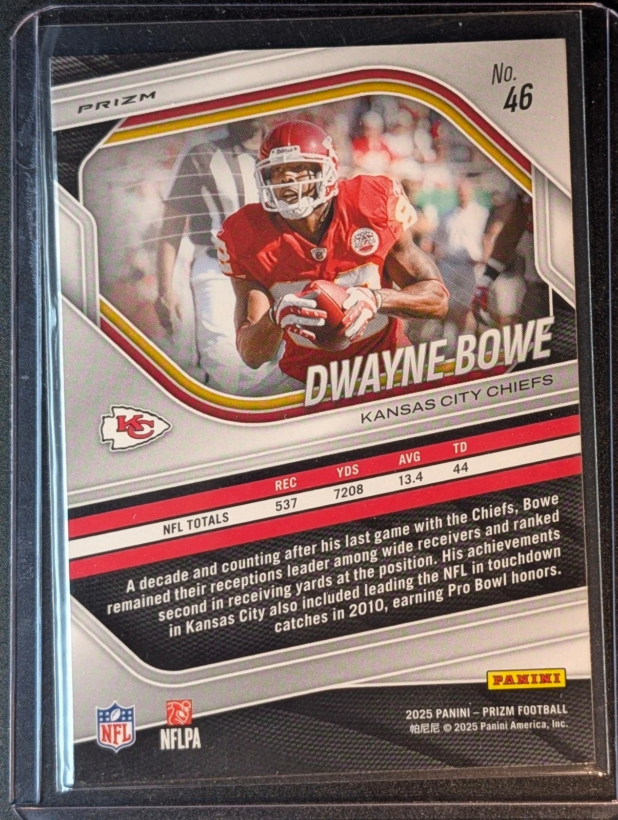 Back of 2025 Panini Prizm #46 Dwayne Bowe Silver Prizm