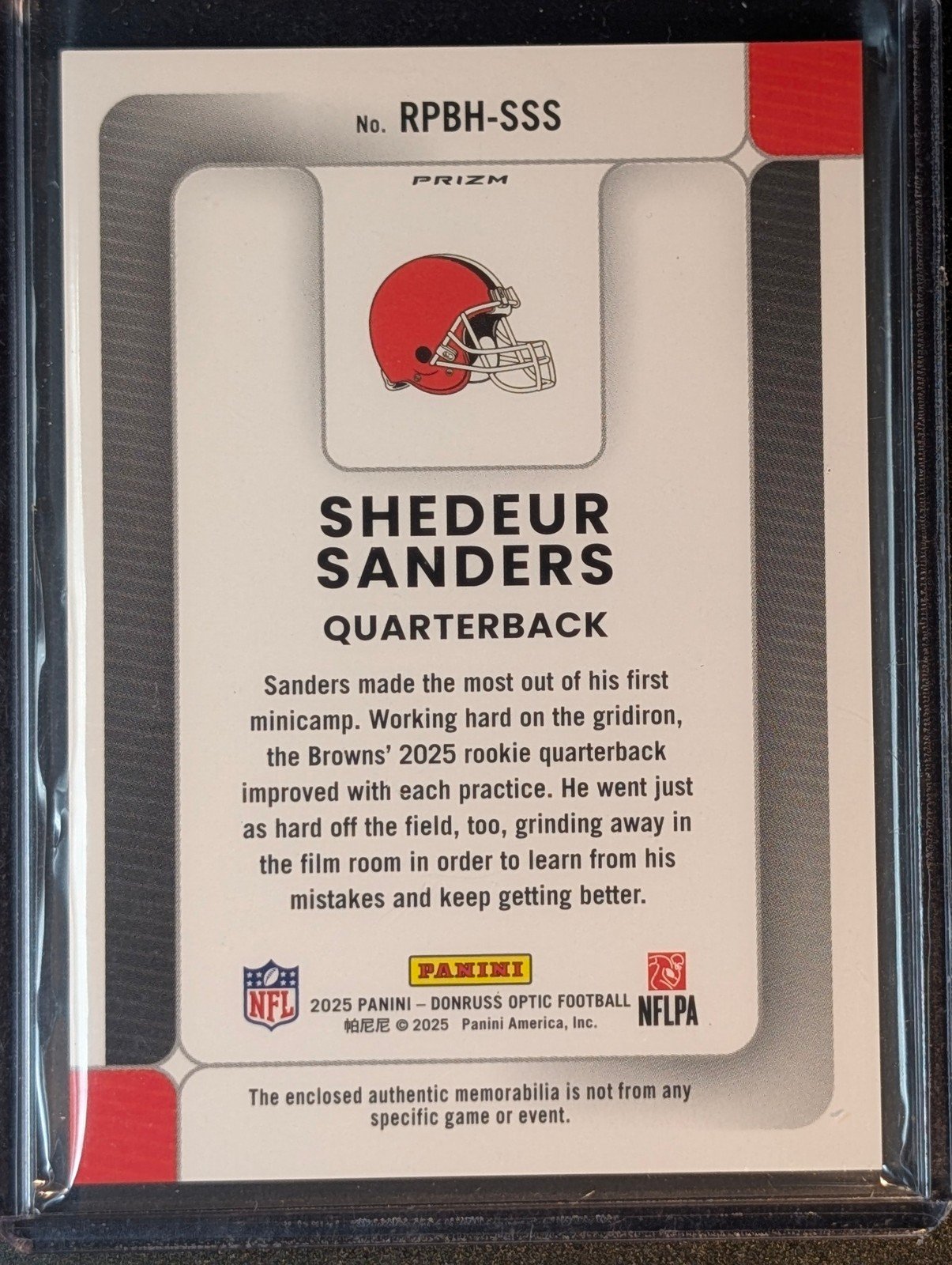 Back of 2025 Donruss Optic #RPBH-SSS Shedeur Sanders Rookie Phenoms Blue Hyper