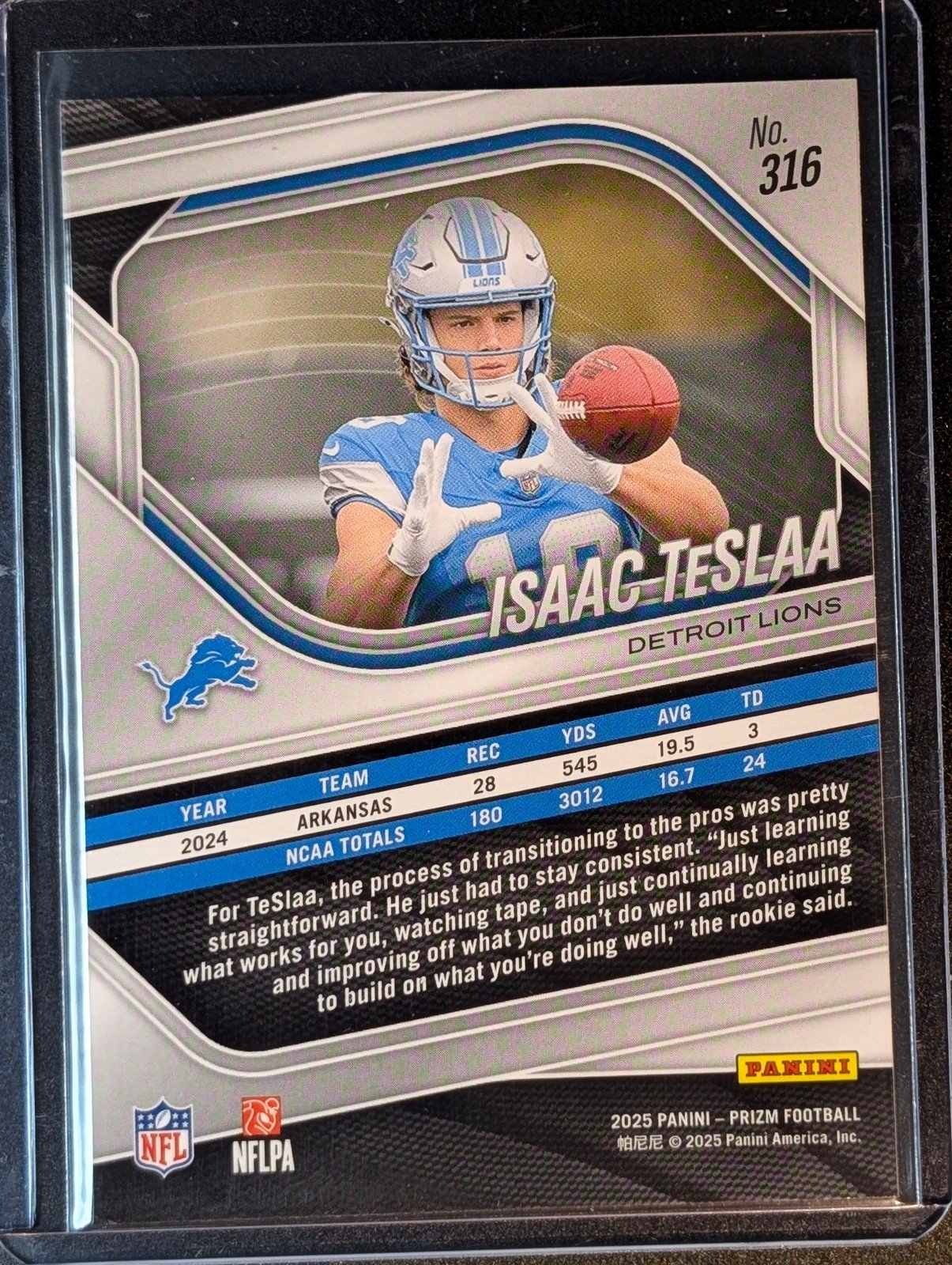 Back of 2025 Panini Prizm #316 Isaac TeSlaa Rookie