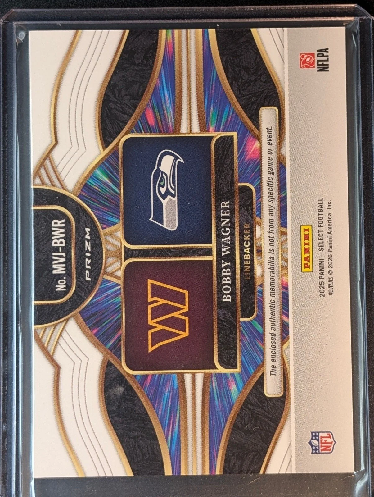 Back of 2025 Panini Select #MVJ-BWR Bobby Wagner Multiverse Jerseys Blue Prizm