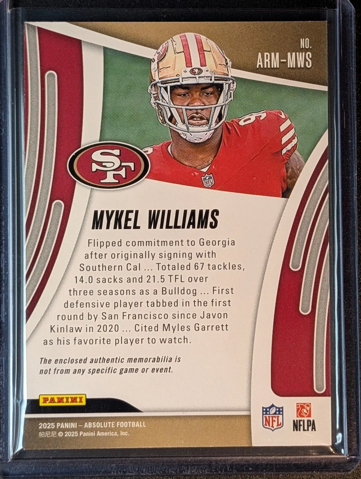 Back of 2025 Panini Absolute #ARM-MWS Mykel Williams Absolute Rookie Materials