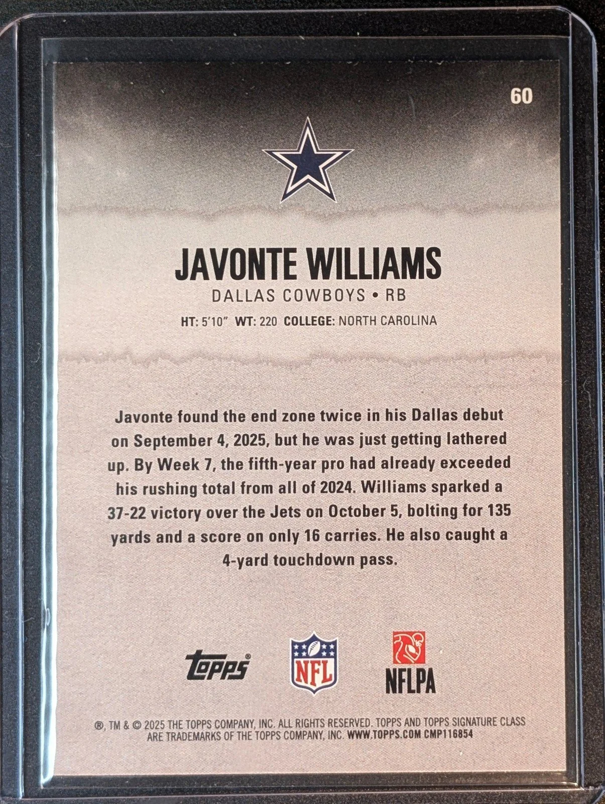 Back of 2025 Topps Signature Class #60 Javonte Williams Blue & Yellow