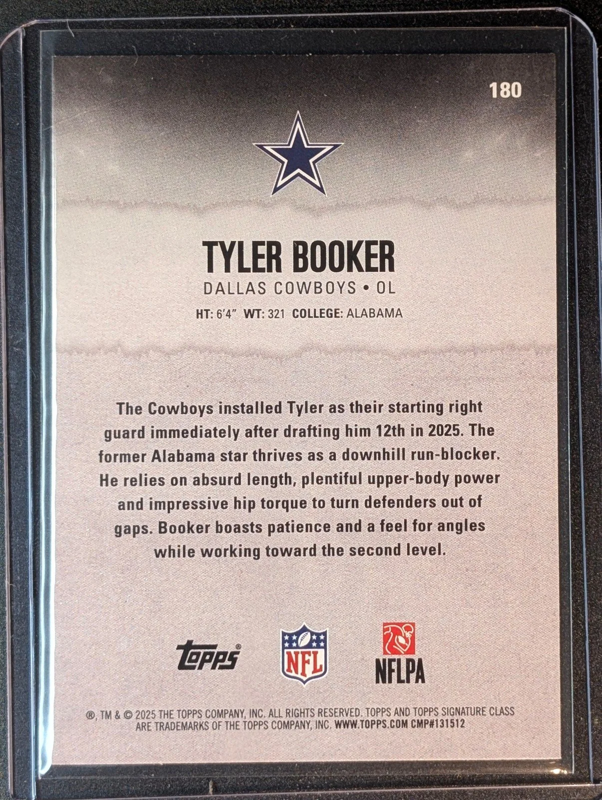 Back of 2025 Topps Signature Class #180 Tyler Booker Blue & Yellow Rookie