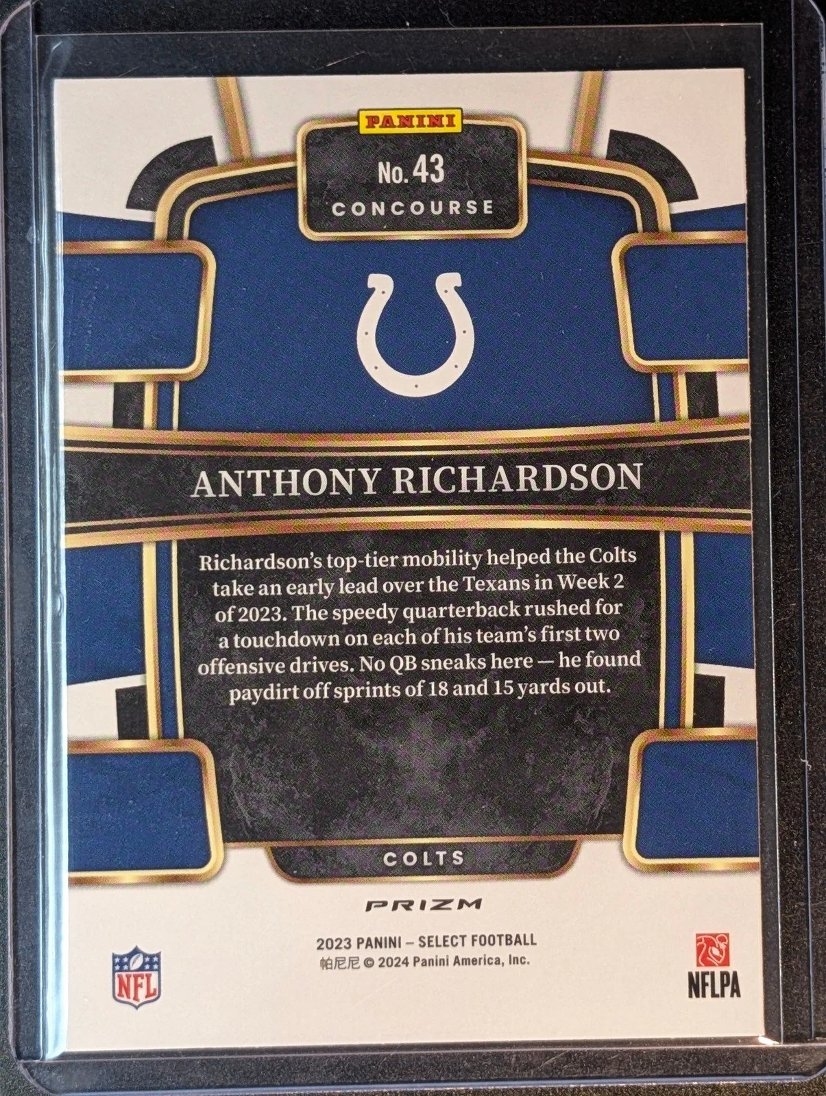 Back of 2023 Panini Select #43 Anthony Richardson Silver Prizms Rookie