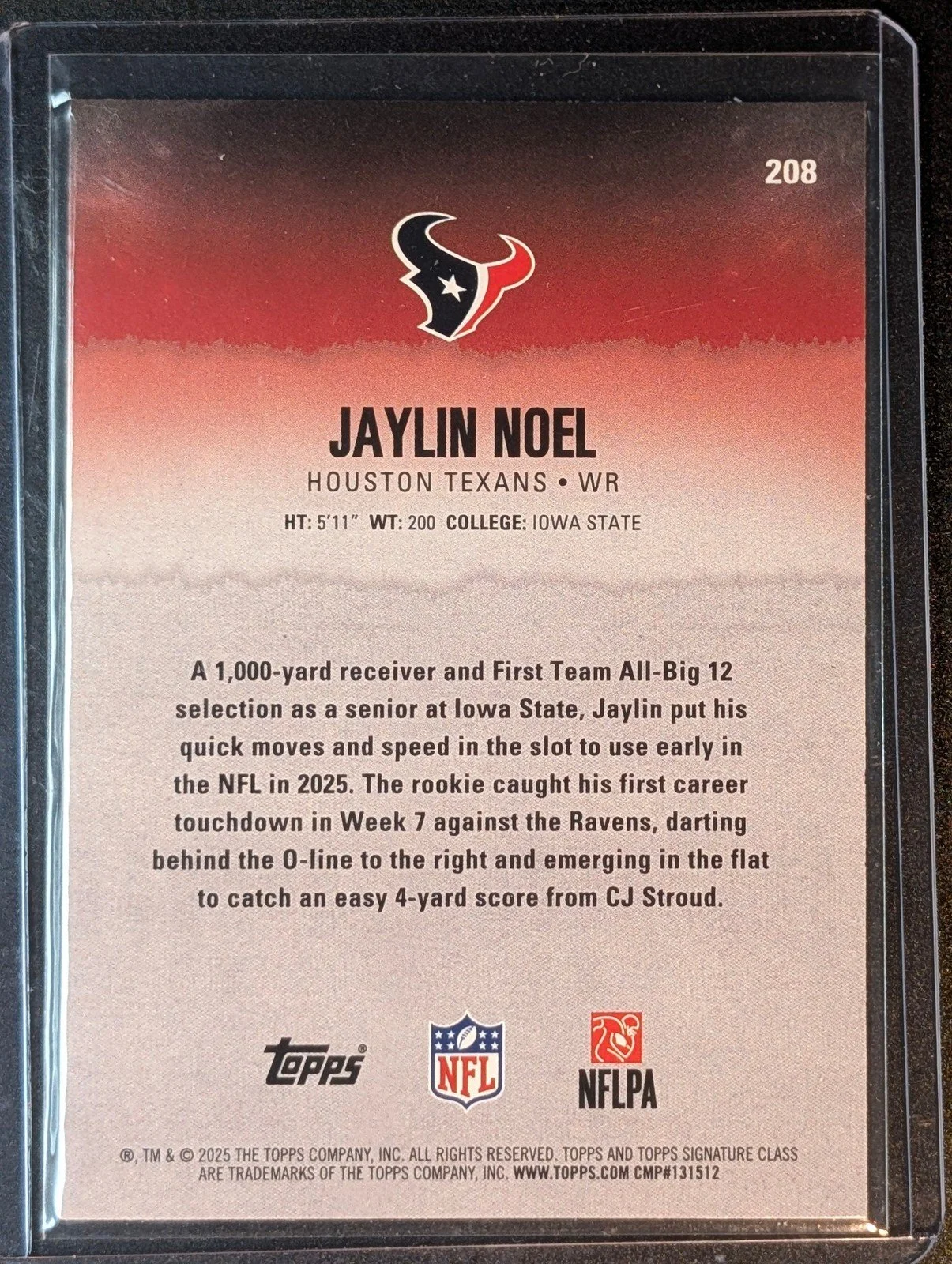 Back of 2025 Topps Signature Class #208 Jaylin Noel Green & Purple Rookie
