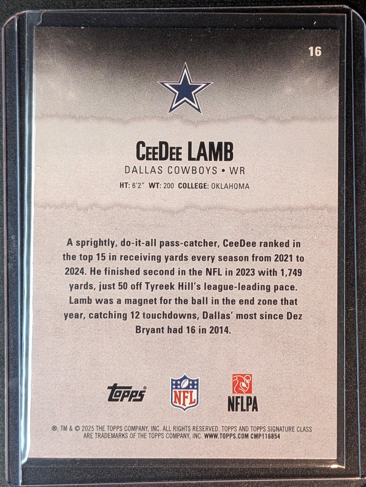 Back of 2025 Topps Signature Class #16 CeeDee Lamb Green & Purple