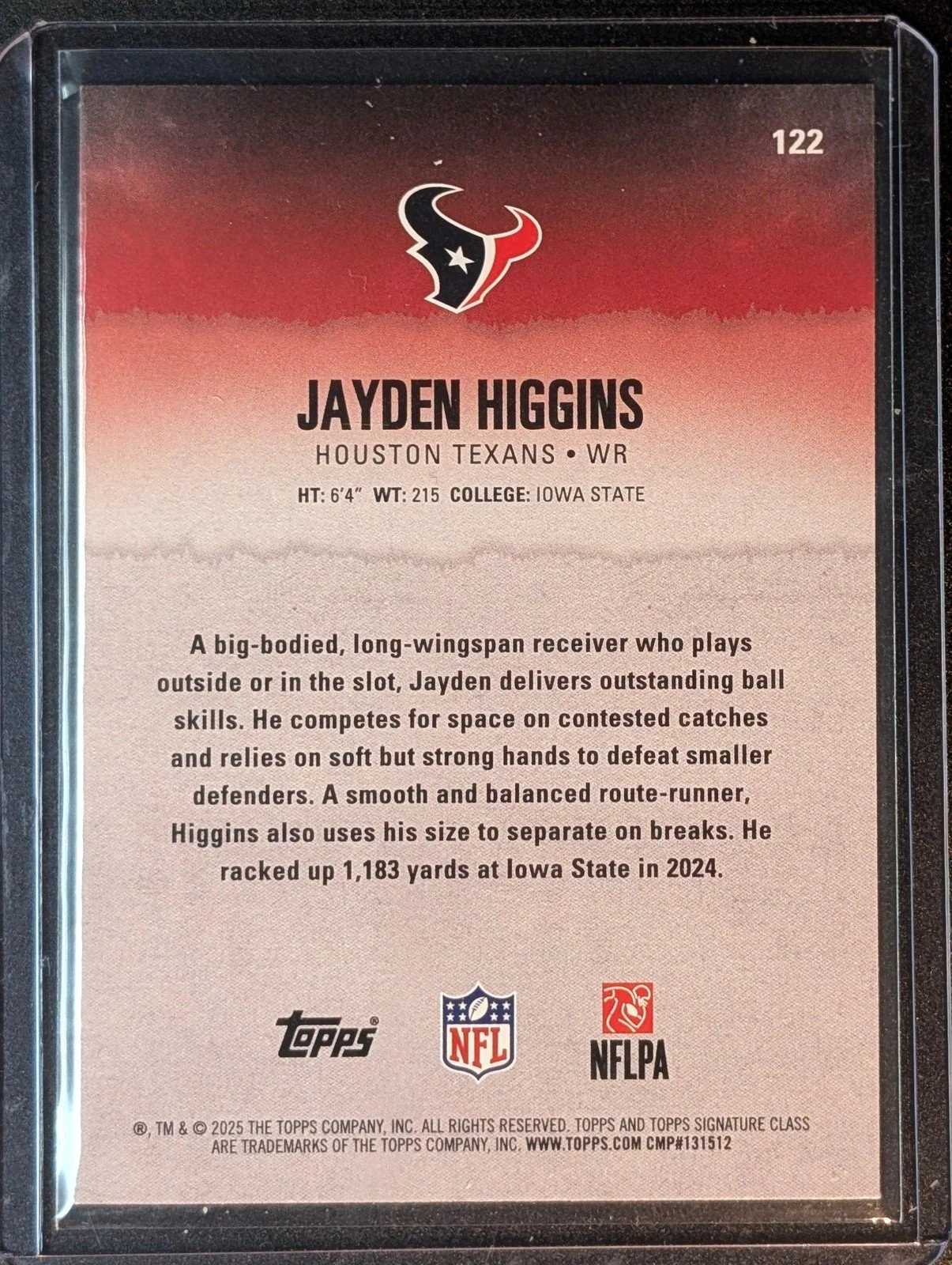 Back of 2025 Topps Signature Class #122 Jayden Higgins Blue & Yellow