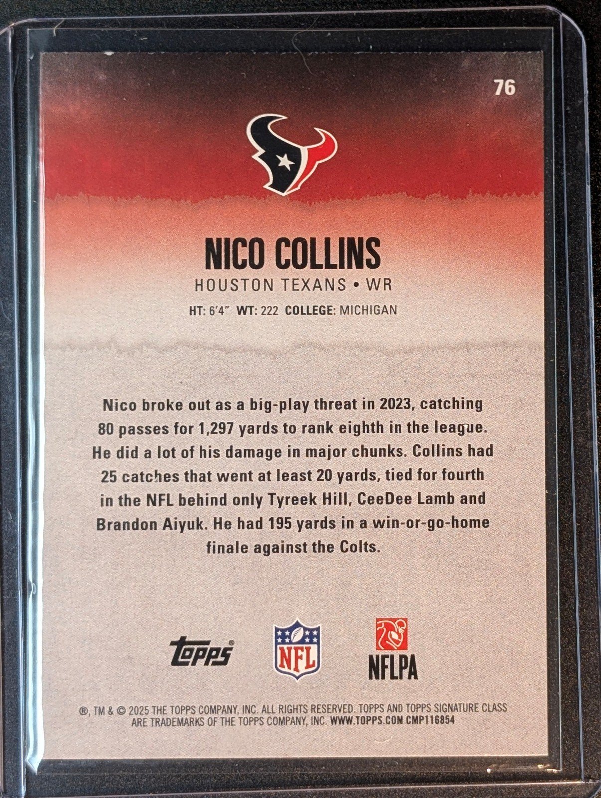 Back of 2025 Topps Signature Class #76 Nico Collins Green & Purple