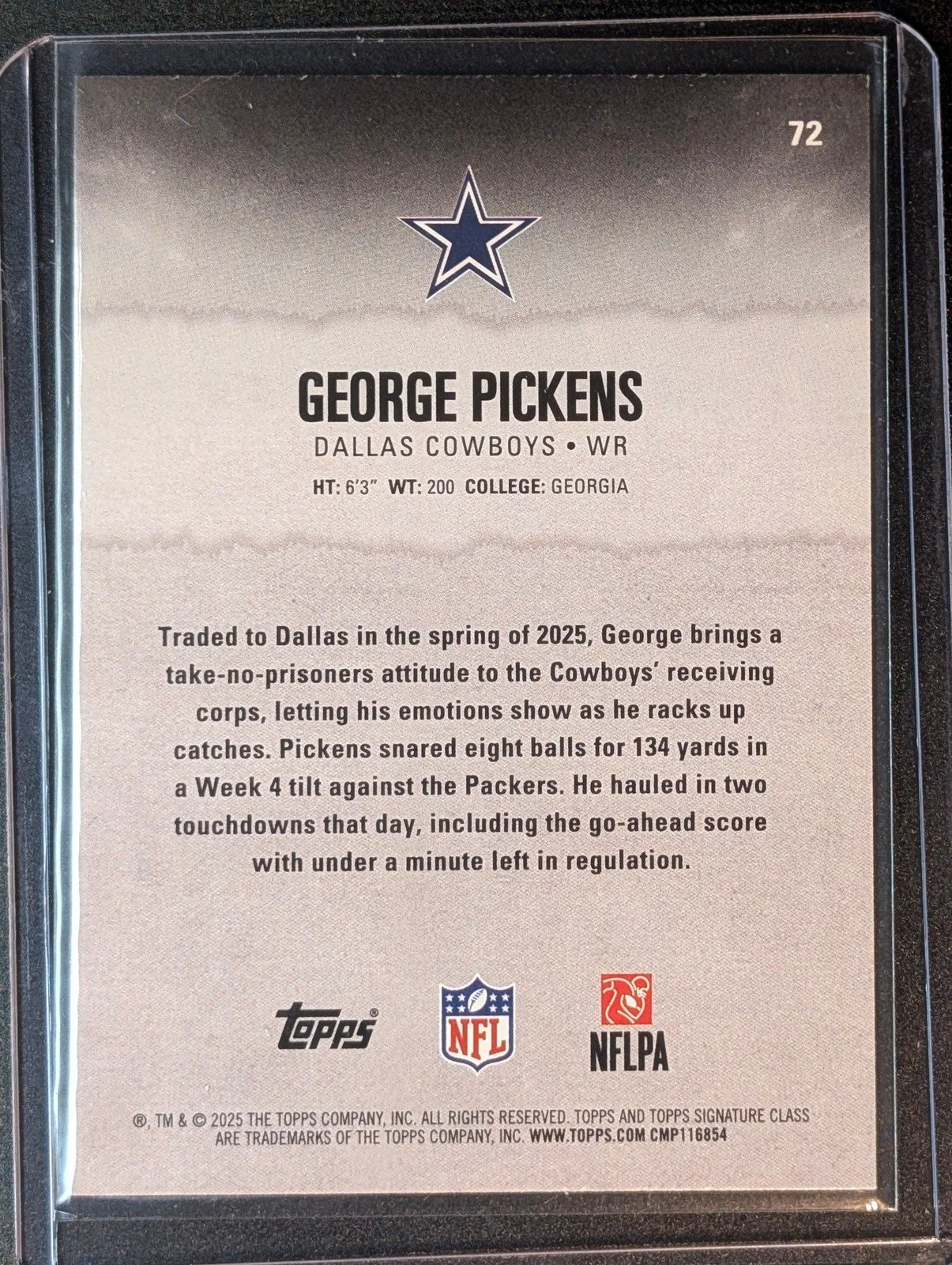 Back of 2025 Topps Signature Class #72 George Pickens Green & Purple