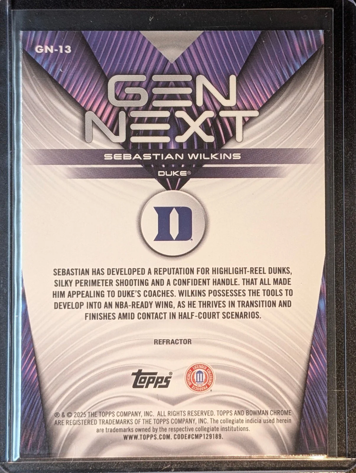 Back of 2025-26 Bowman #GN-13 Sebastian Wilkins Gen Next Refractor