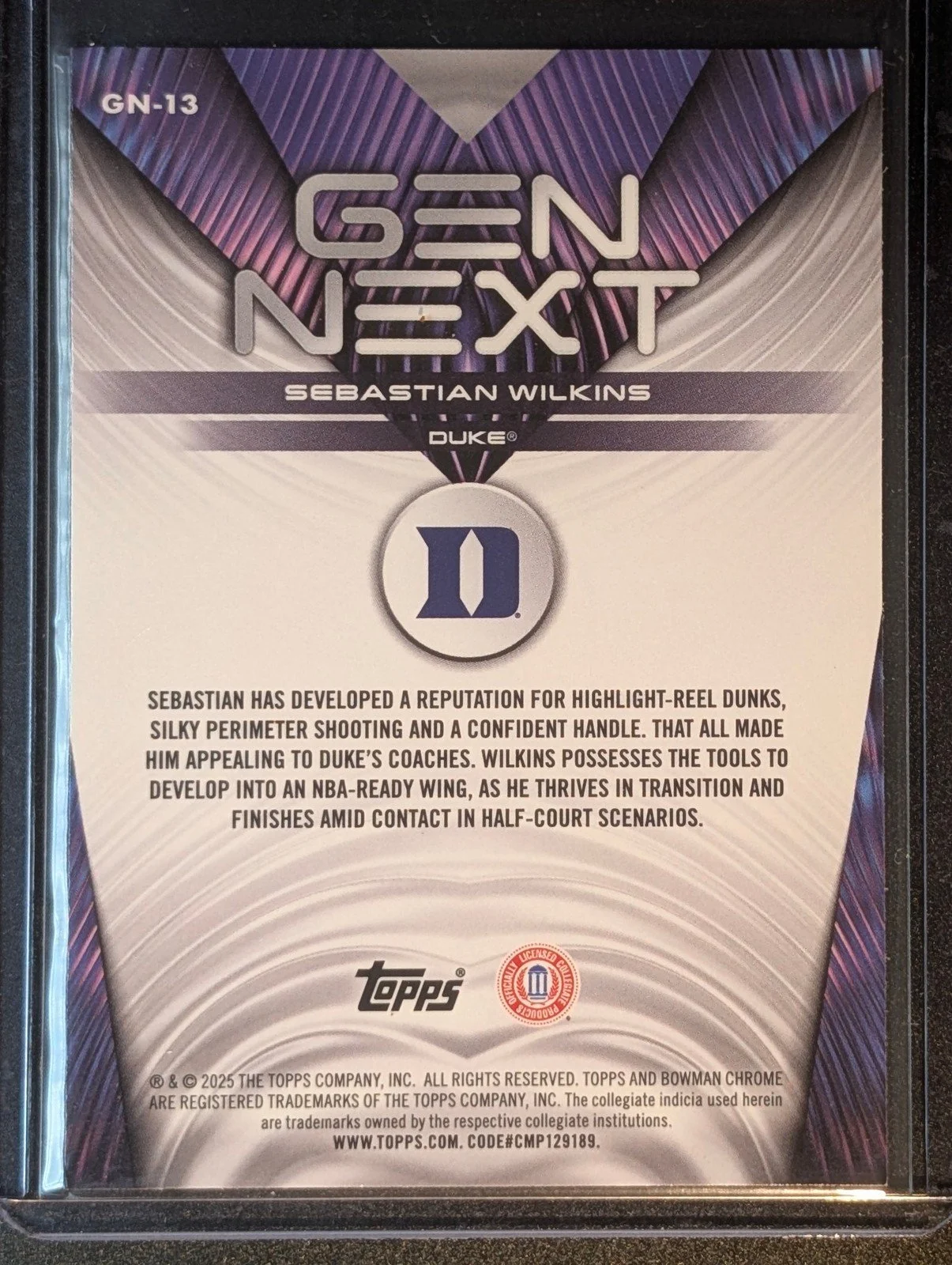 Back of 2025-26 Bowman #GN-13 Sebastian Wilkins Gen Next