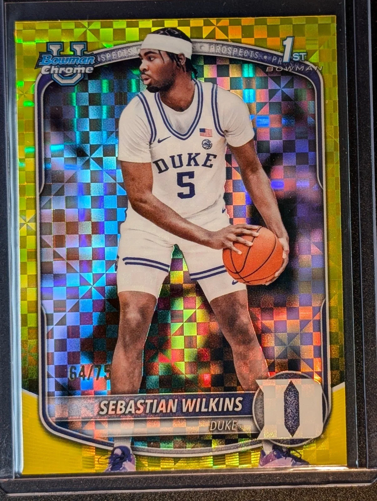 Front of 2025-26 Bowman /75 #BCP-99 Sebastian Wilkins Chrome Prospects Yellow X-Fractor