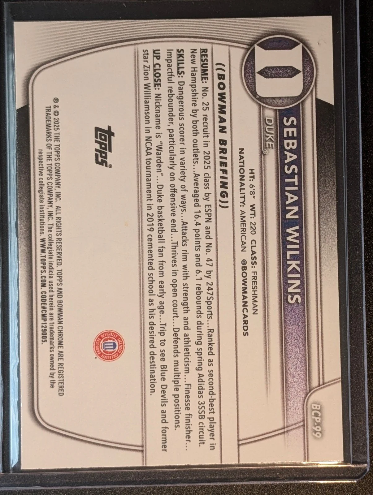 Back of 2025-26 Bowman /75 #BCP-99 Sebastian Wilkins Chrome Prospects Yellow X-Fractor
