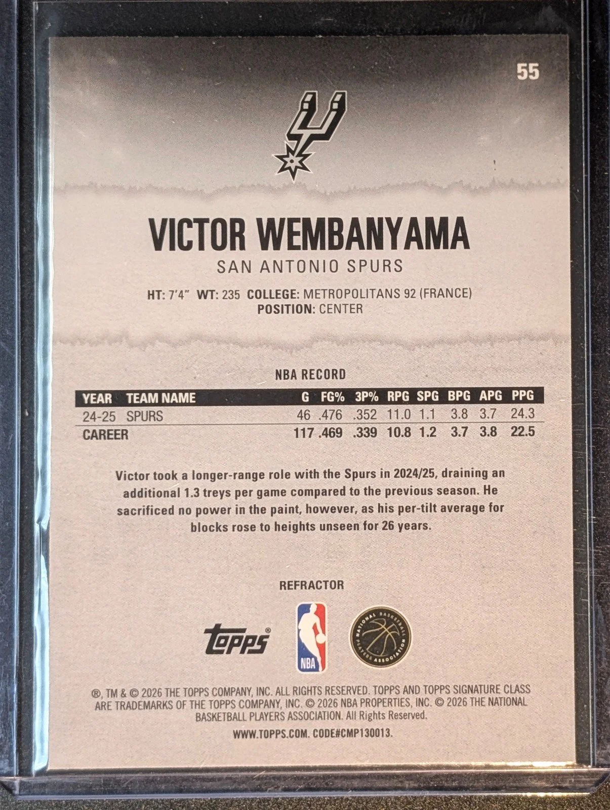 Back of 2025-26 Topps Signature Class #55 Victor Wembanyama Chrome Refractor