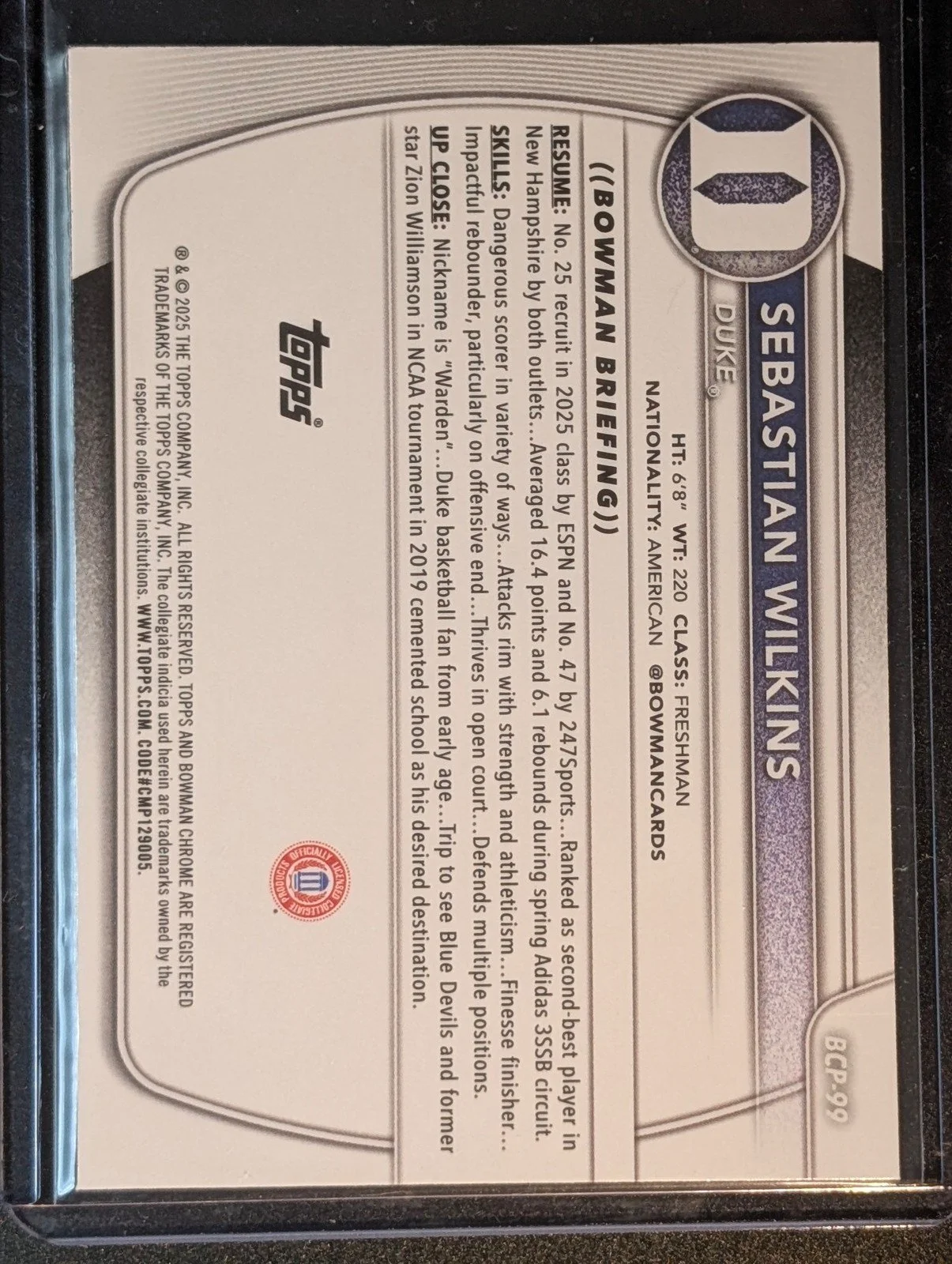 Back of 2025-26 Bowman #BCP-99 Sebastian Wilkins Chrome Prospects