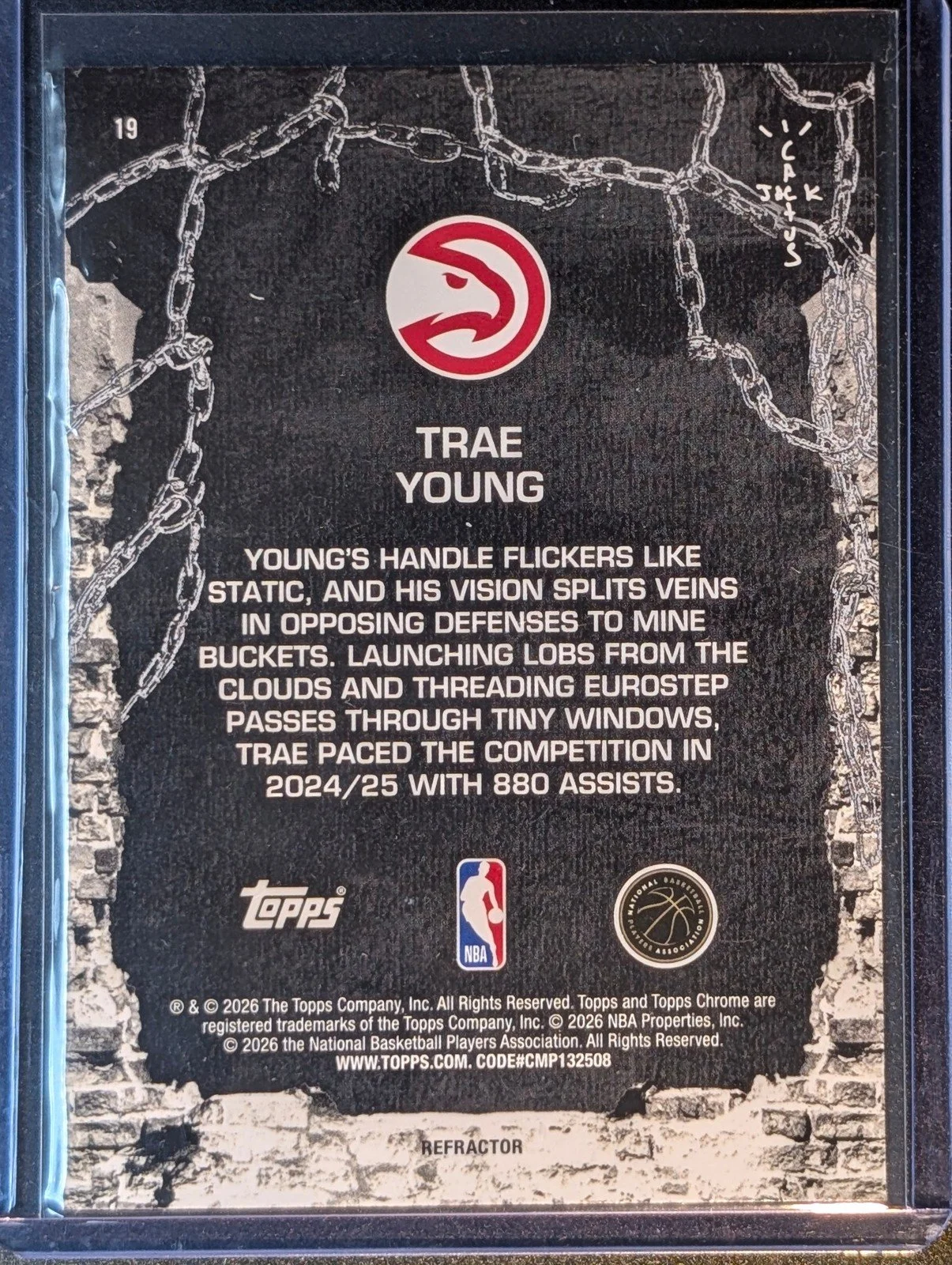 Back of 2025-26 Topps Chrome Cactus Jack #19 Trae Young Refractor