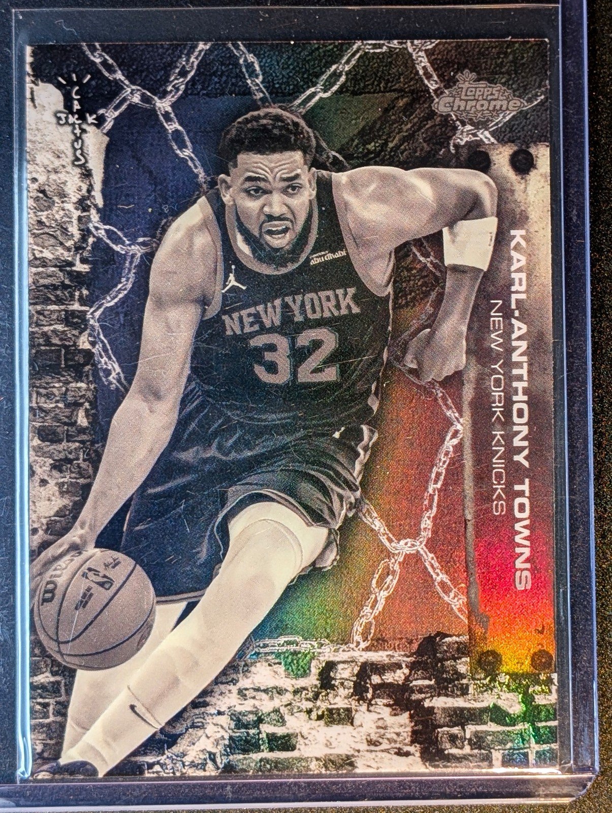 Front of 2025-26 Topps Chrome Cactus Jack #5 Karl-Anthony Towns White Refractor