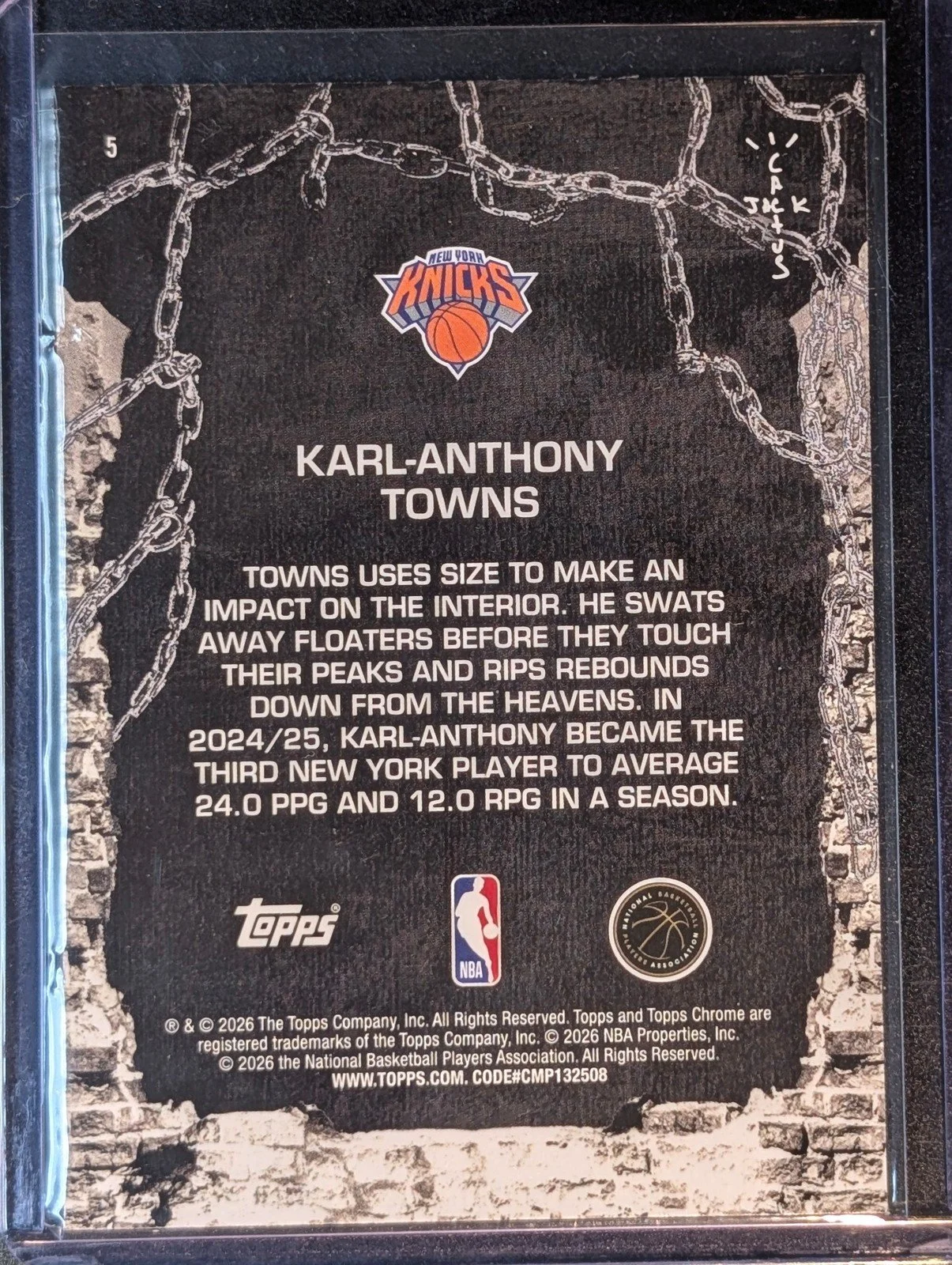 Back of 2025-26 Topps Chrome Cactus Jack #5 Karl-Anthony Towns White Refractor