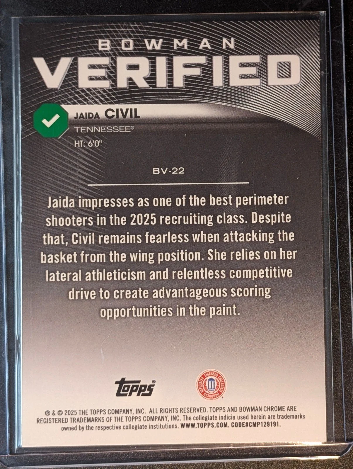 Back of 2025-26 Bowman #BV-22 Jaida Civil Bowman Verified