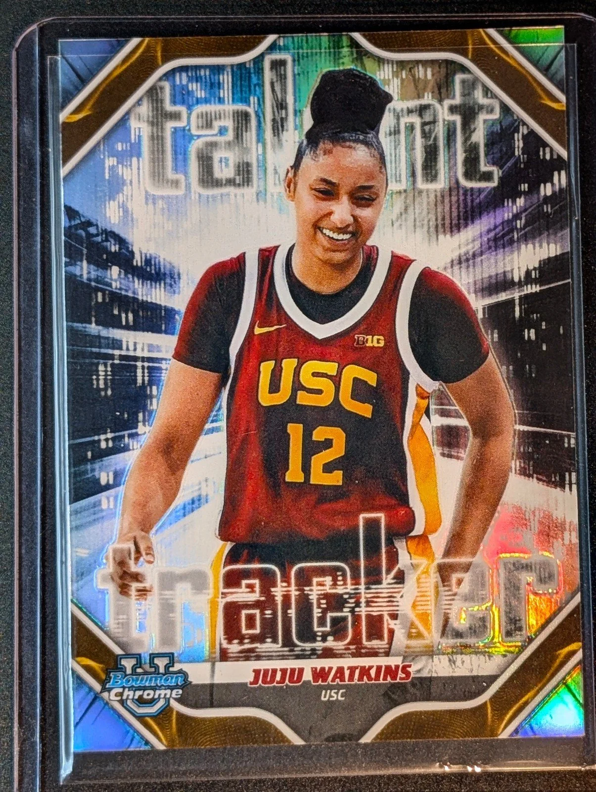 Front of 2025-26 Bowman #TT-8 Juju Watkins Talent Tracker Refractor
