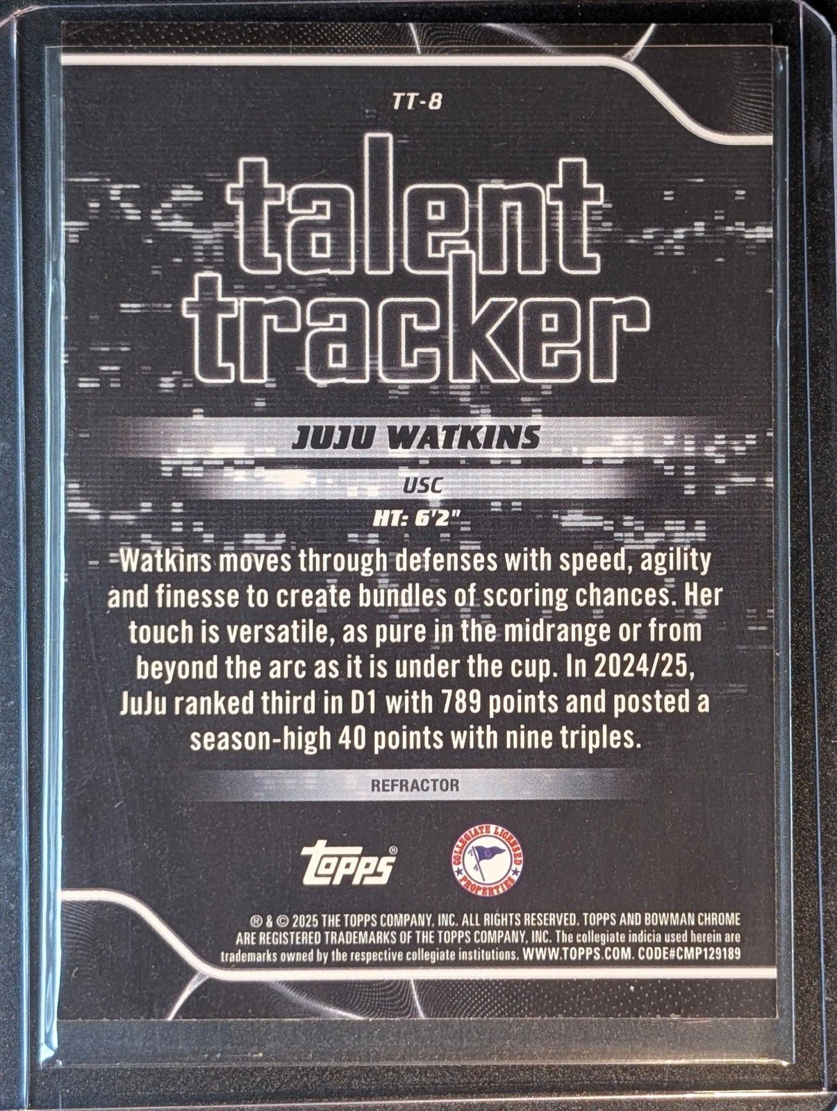 Back of 2025-26 Bowman #TT-8 Juju Watkins Talent Tracker Refractor