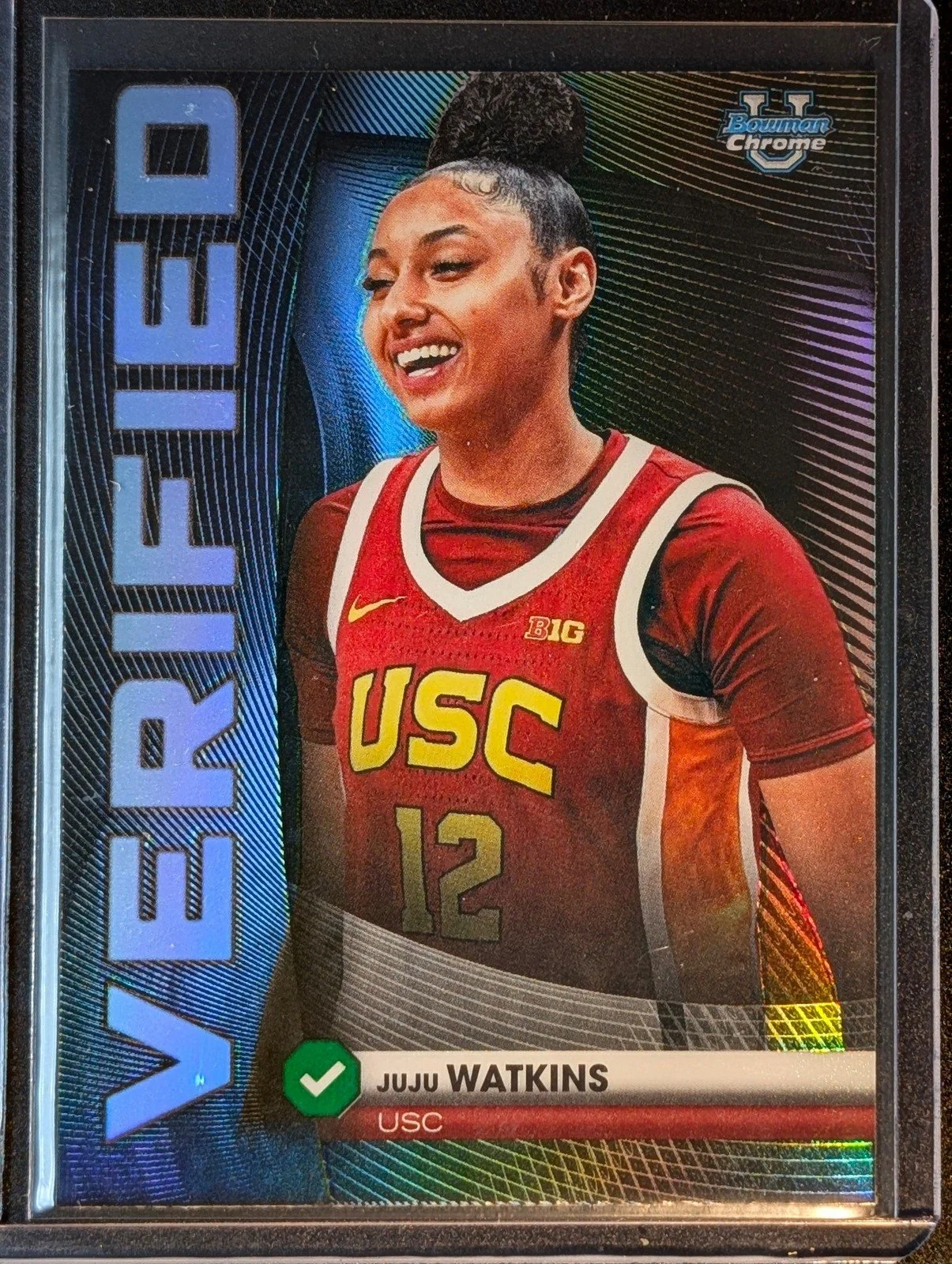 Front of 2025-26 Bowman #BV-8 Juju Watkins Bowman Verified Refractor
