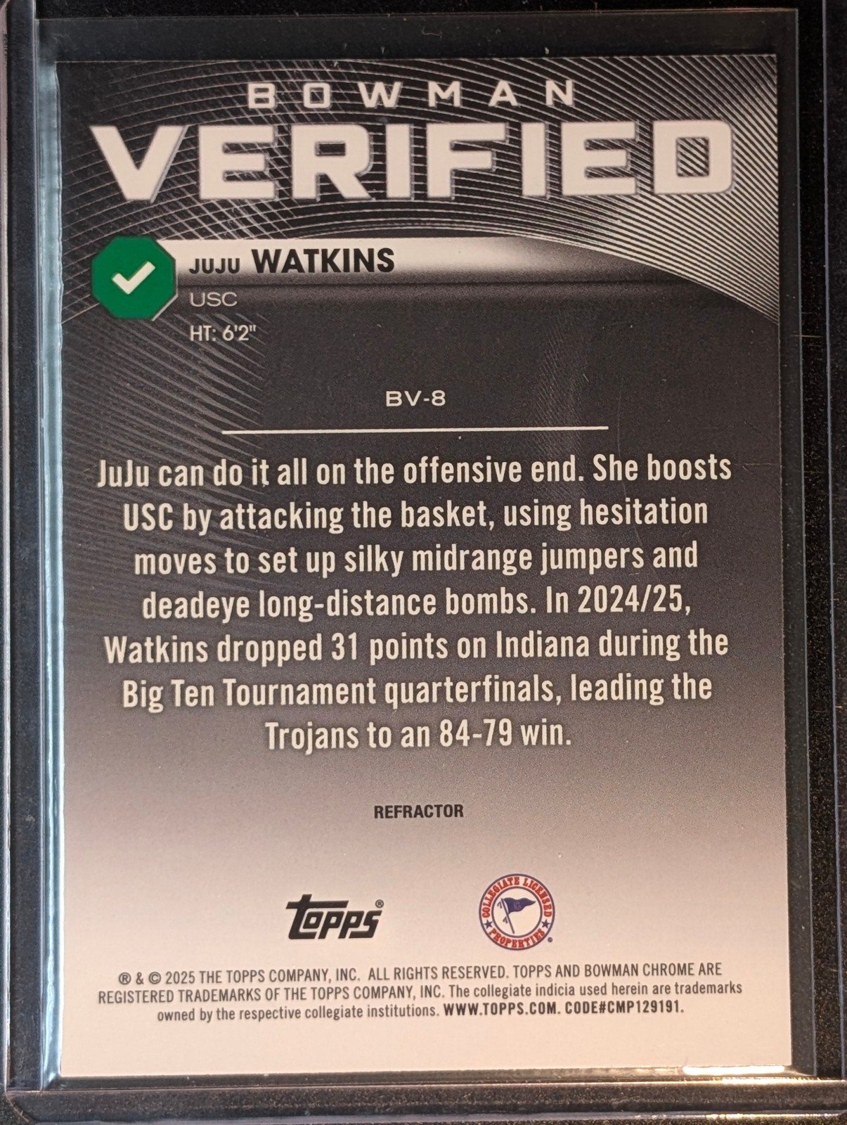 Back of 2025-26 Bowman #BV-8 Juju Watkins Bowman Verified Refractor