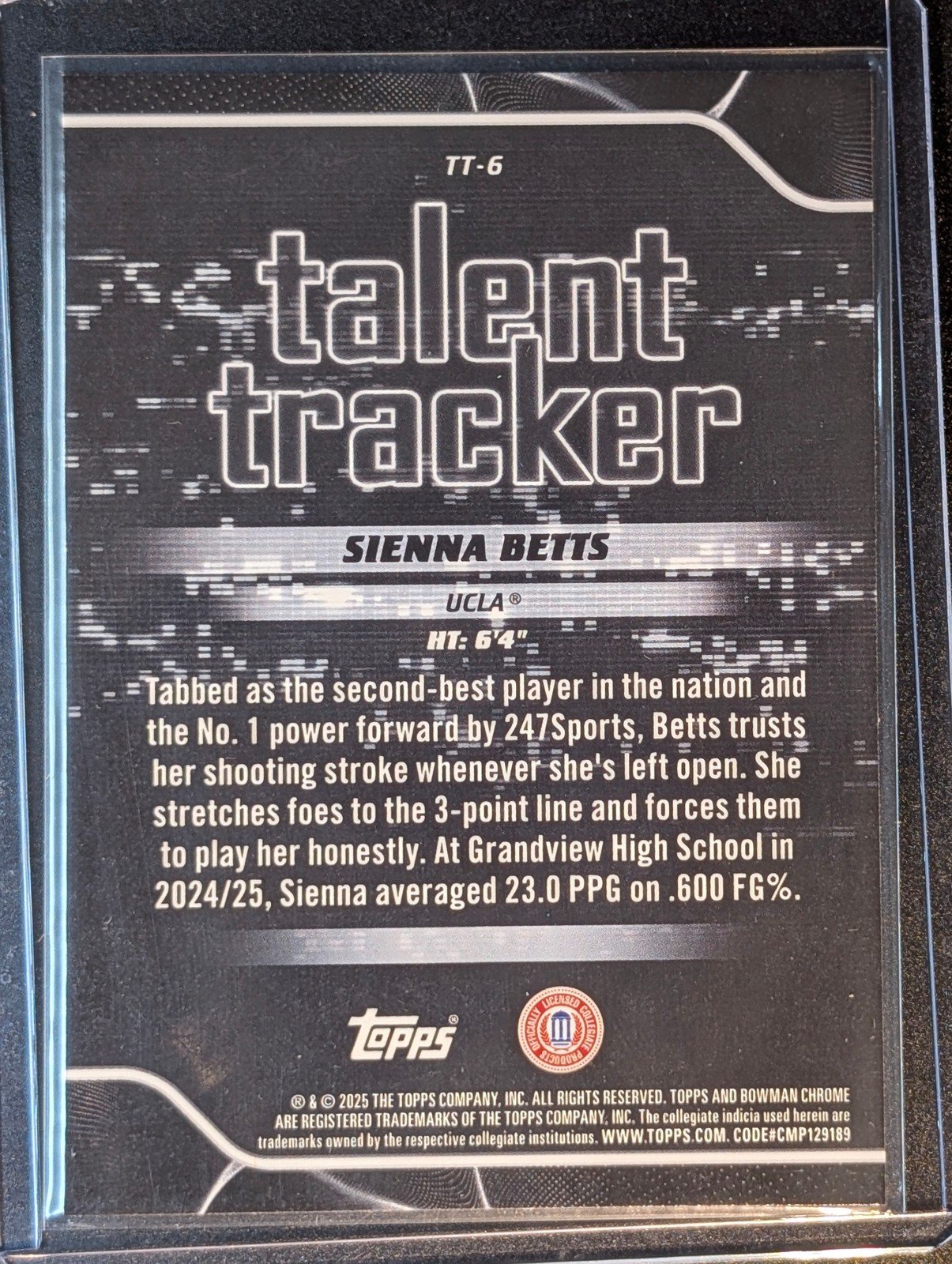 Back of 2025-26 Bowman #TT-6 Sienna Betts Talent Tracker