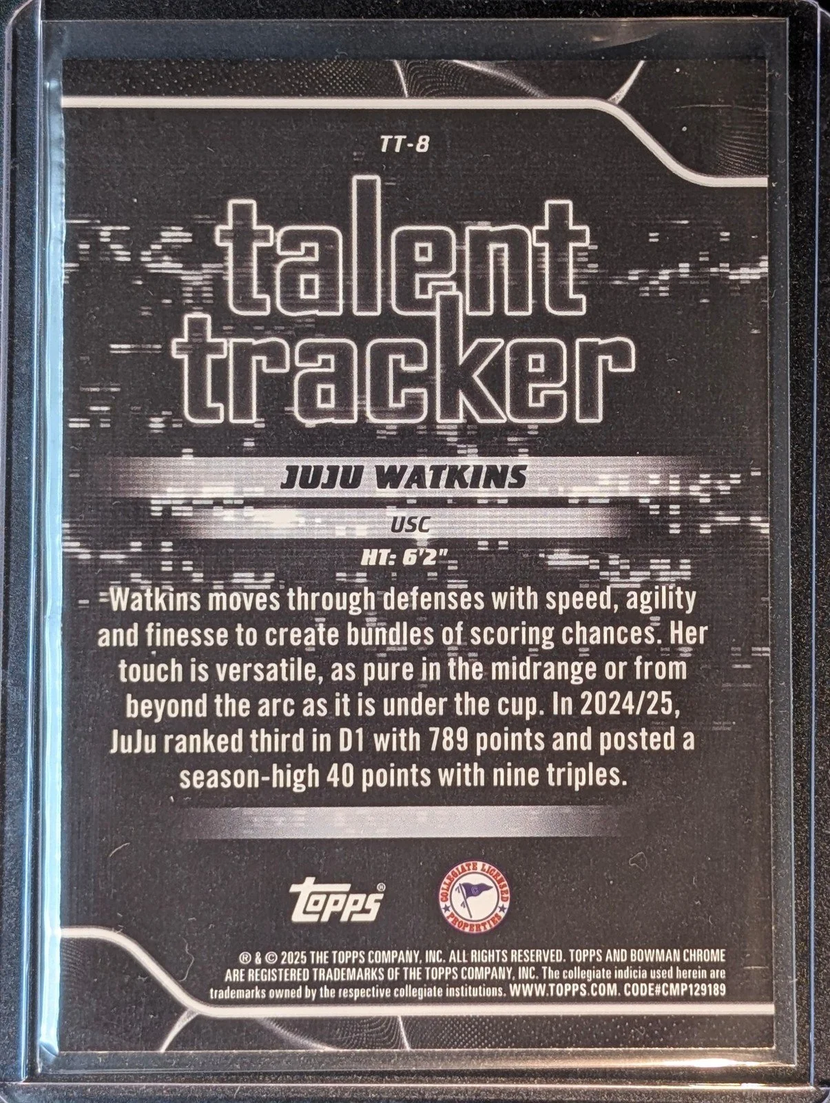 Back of 2025-26 Bowman #TT-8 Juju Watkins Talent Tracker