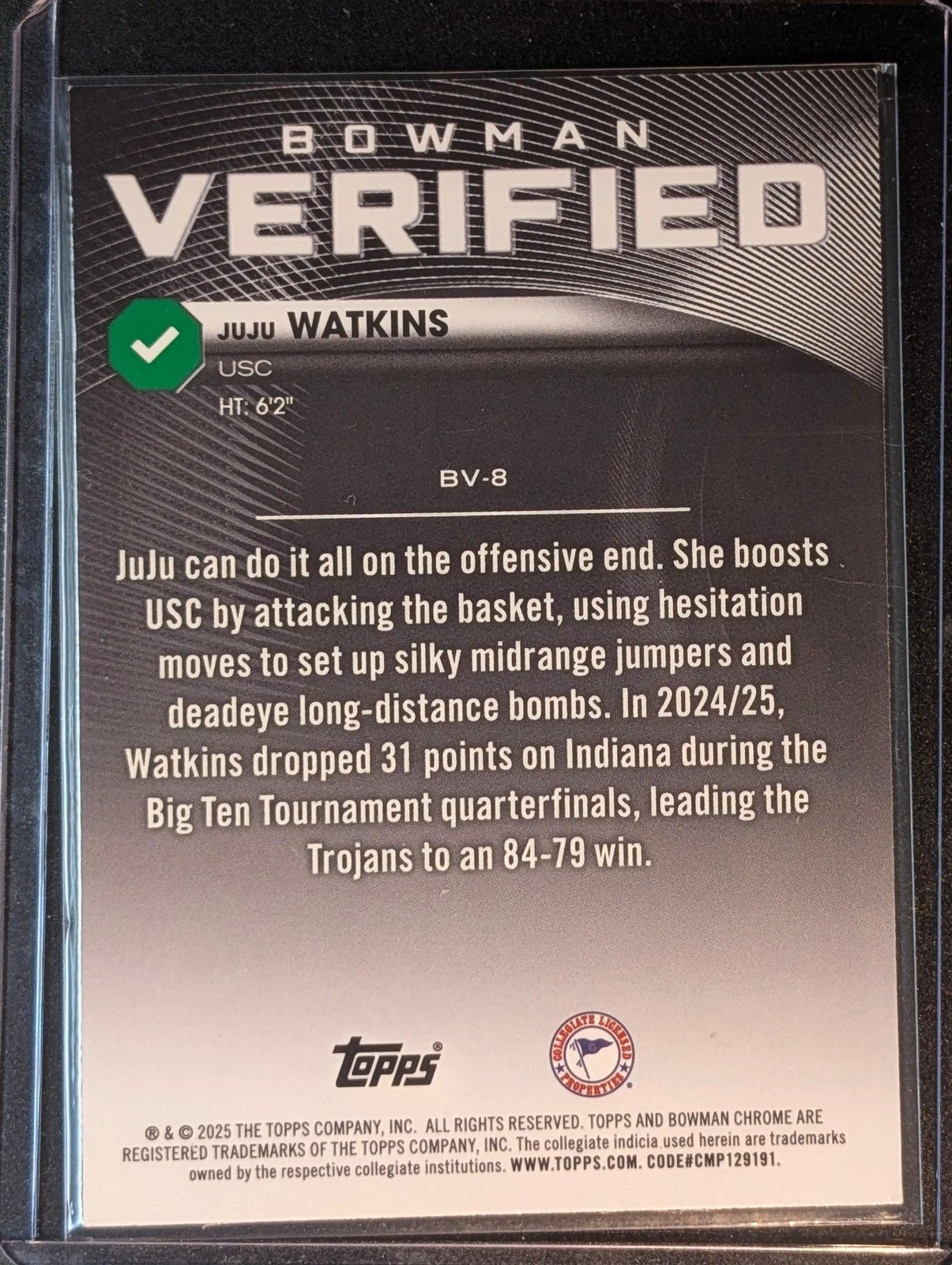 Back of 2025-26 Bowman #BV-8 Juju Watkins Bowman Verified