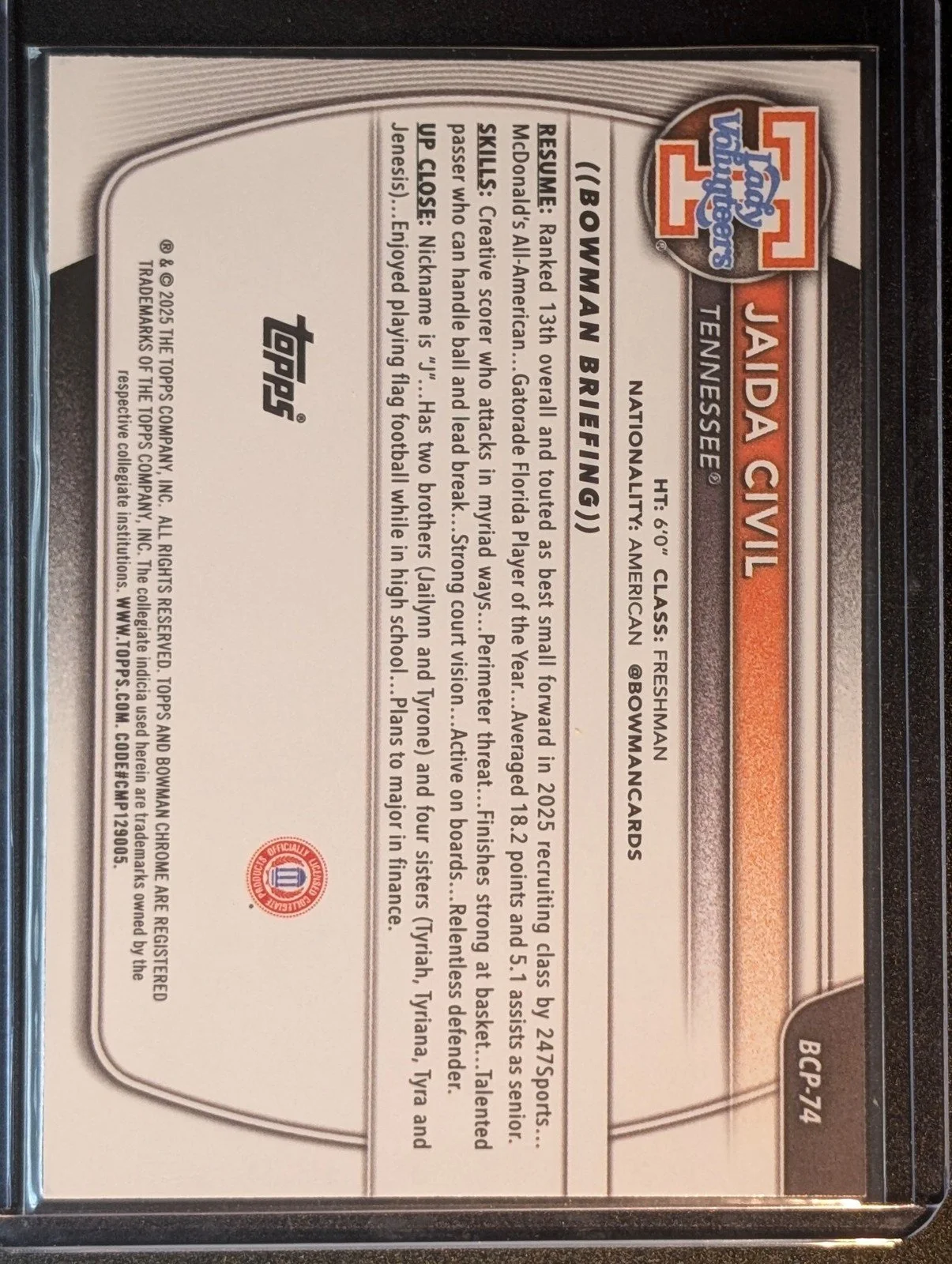 Back of 2025-26 Bowman #BCP-74 Jaida Civil Chrome Prospects