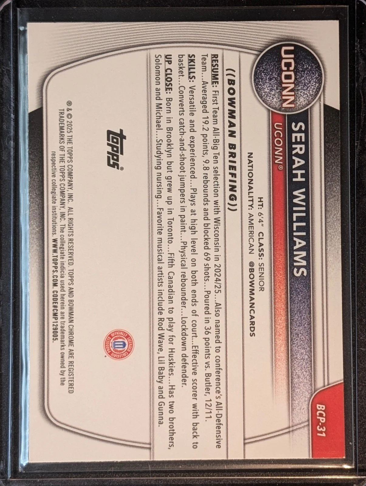 Back of 2025-26 Bowman #BCP-31 Serah Williams Chrome Prospects