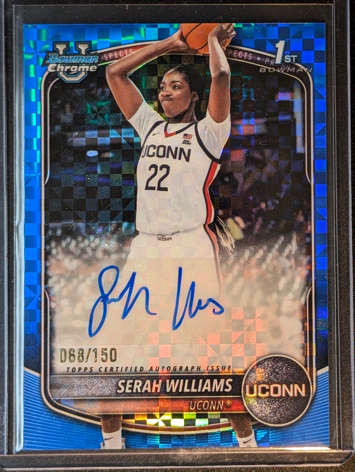 Front of 2025-26 Bowman /150 #CPA-SW Serah Williams Chrome Prospect Auto Blue X-Fractor