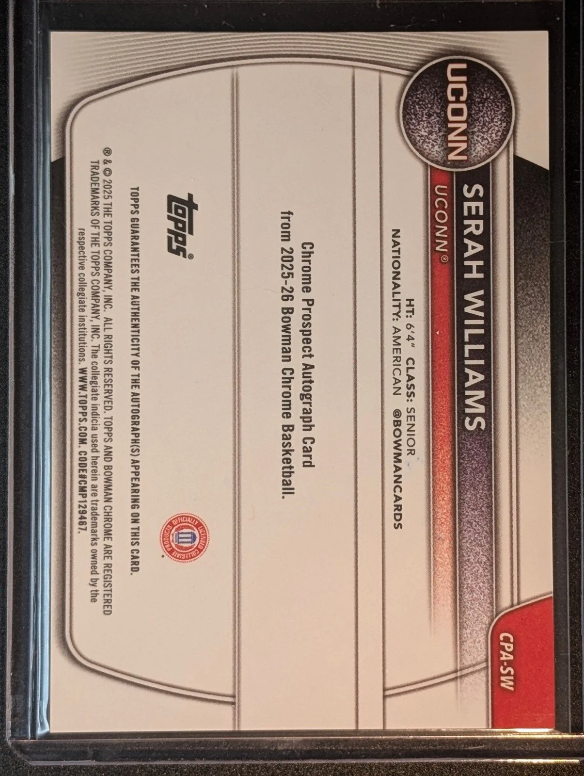 Back of 2025-26 Bowman /150 #CPA-SW Serah Williams Chrome Prospect Auto Blue X-Fractor