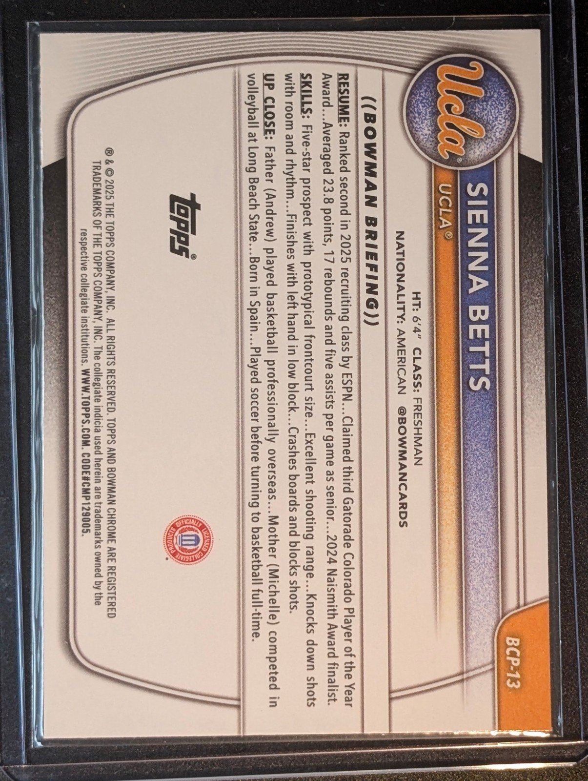 Back of 2025-26 Bowman #BCP-13 Sienna Betts Chrome Prospects