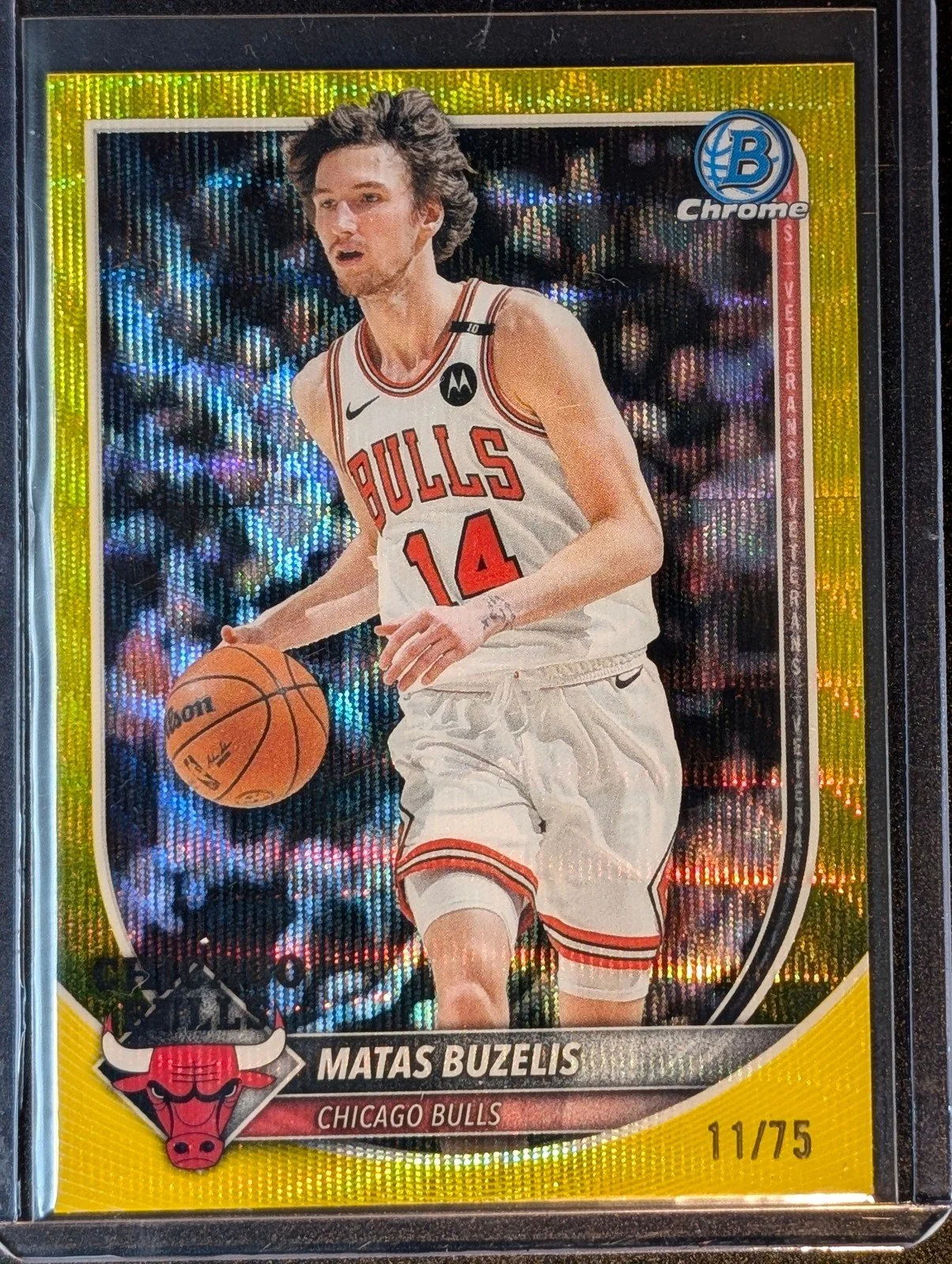 Front of 2025-26 Bowman /75 #BCV-73 Matas Buzelis Chrome Yellow Wave Refractors