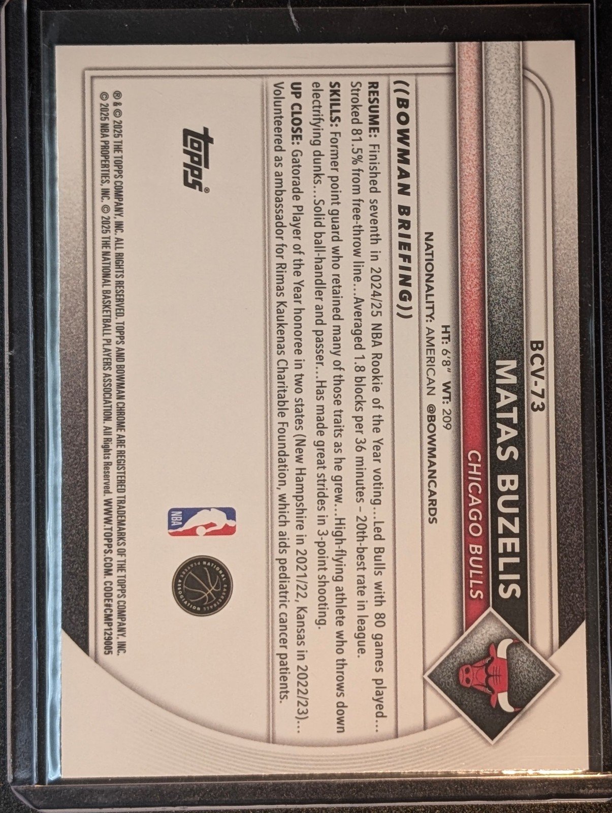 Back of 2025-26 Bowman /75 #BCV-73 Matas Buzelis Chrome Yellow Wave Refractors