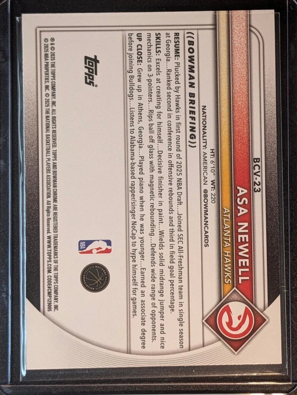 Back of 2025-26 Bowman #BCV-23 Asa Newell Chrome