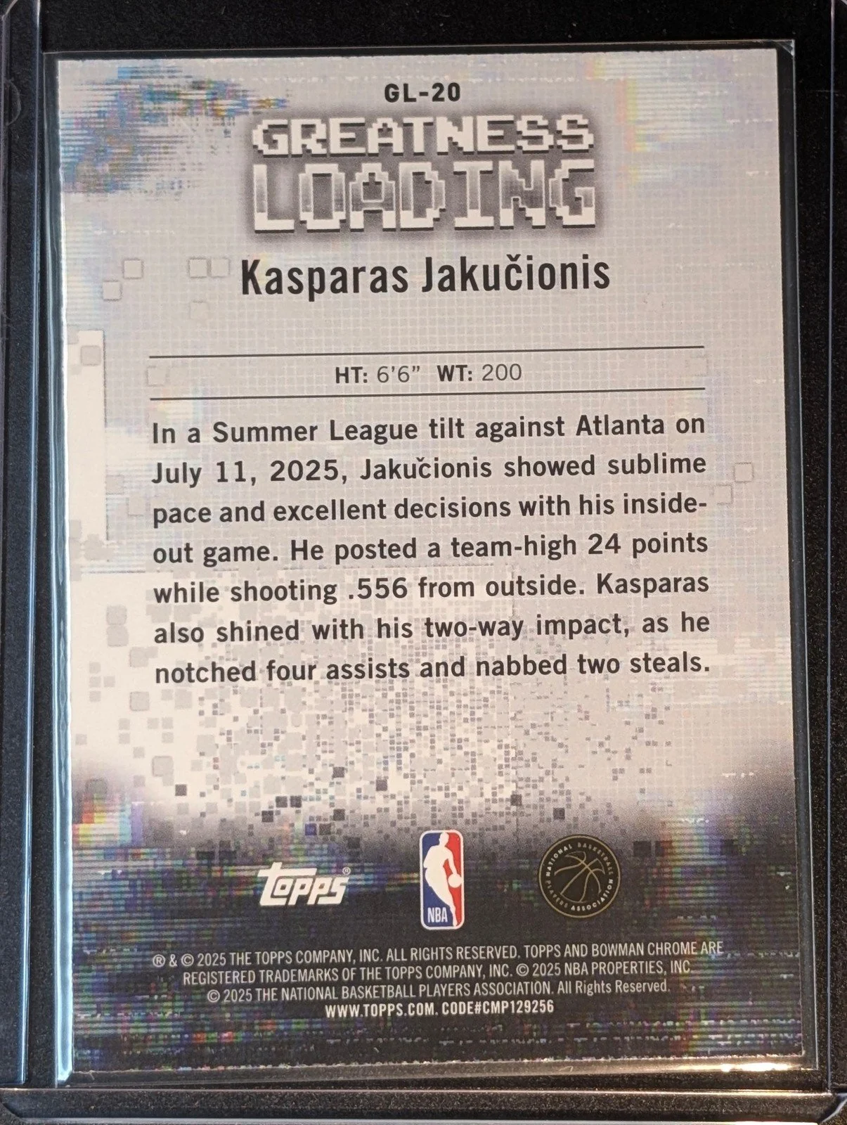 Back of 2025-26 Bowman #GL-20 Kasparas Jakucionis Greatness Loading