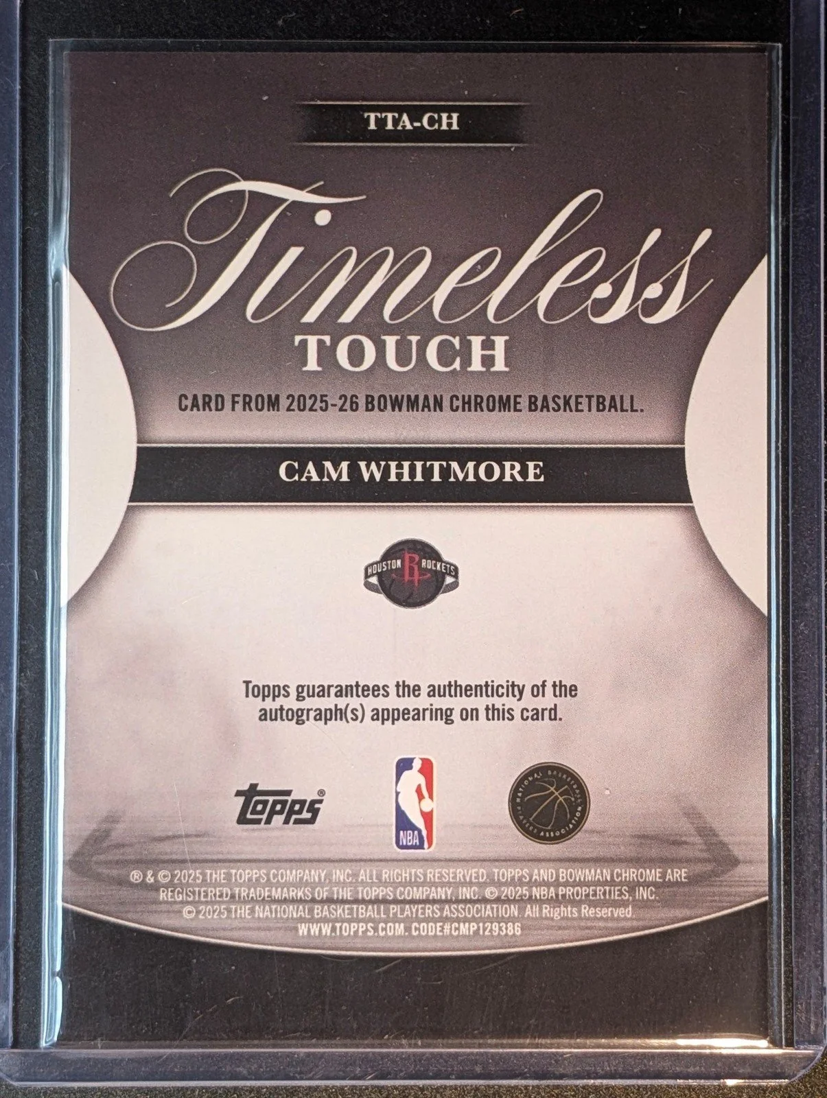 Back of 2025-26 Bowman #TTA-CH Cam Whitmore Timeless Touch Signatures
