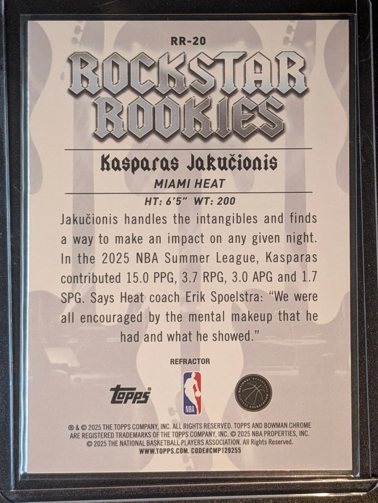 Back of 2025-26 Bowman Refractor #RR-20 Kasparas Jakucionis Rockstar Rookies