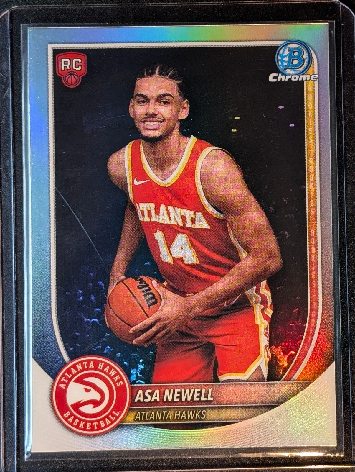 Front of 2025-26 Bowman #BRR-23 Asa Newell Chrome Rookie Red RC Logo