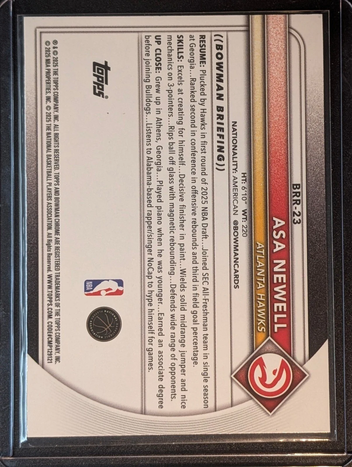 Back of 2025-26 Bowman #BRR-23 Asa Newell Chrome Rookie Red RC Logo
