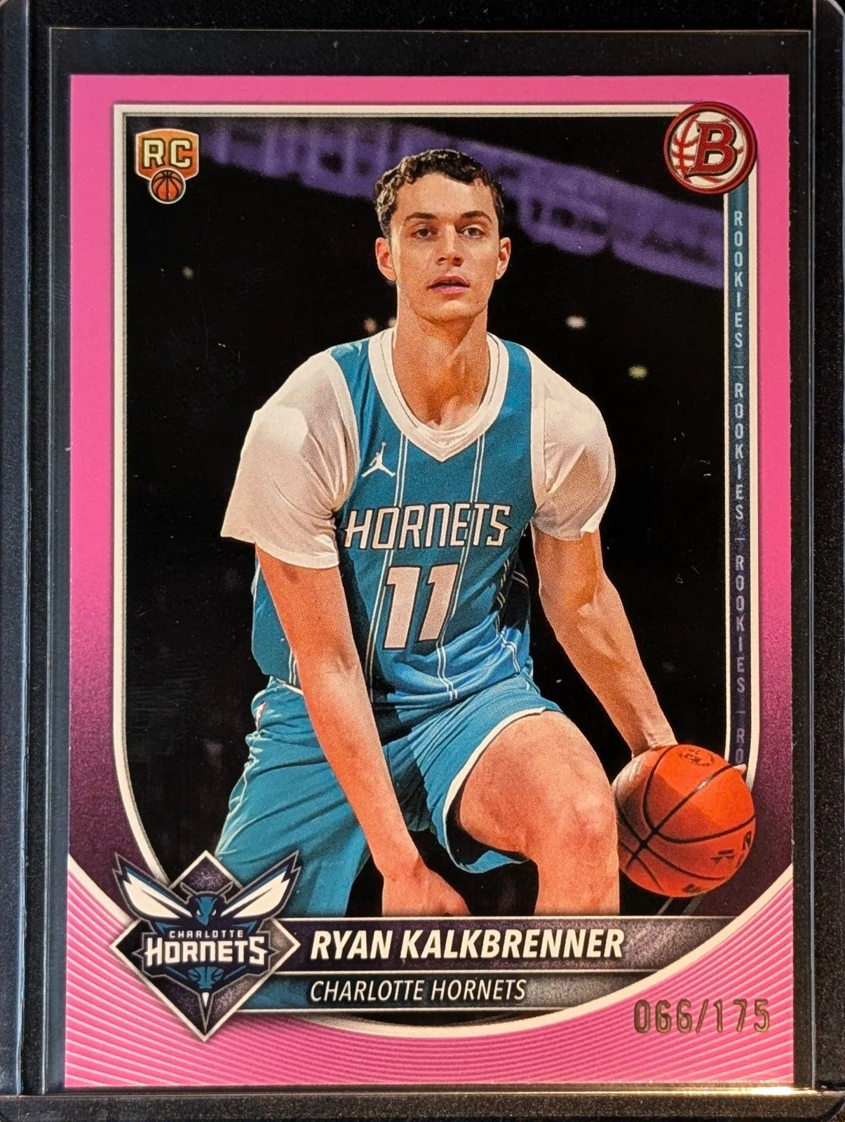 Front of 2025-26 Bowman /175 #34 Ryan Kalkbrenner Pink Border