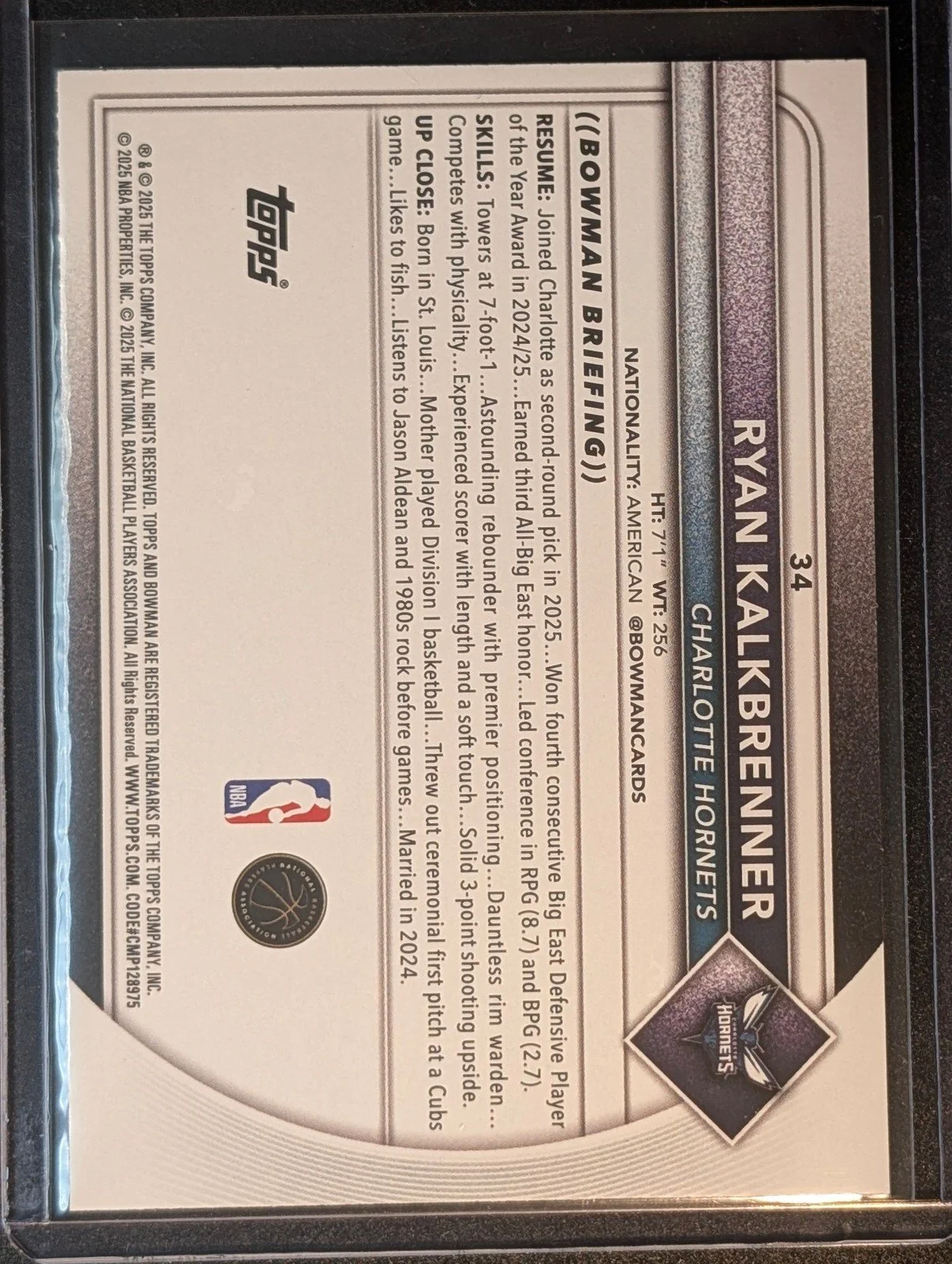 Back of 2025-26 Bowman /175 #34 Ryan Kalkbrenner Pink Border