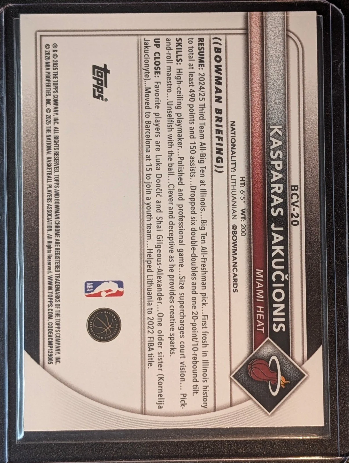 Back of 2025-26 Bowman #BCV-20 Kasparas Jakučionis Chrome