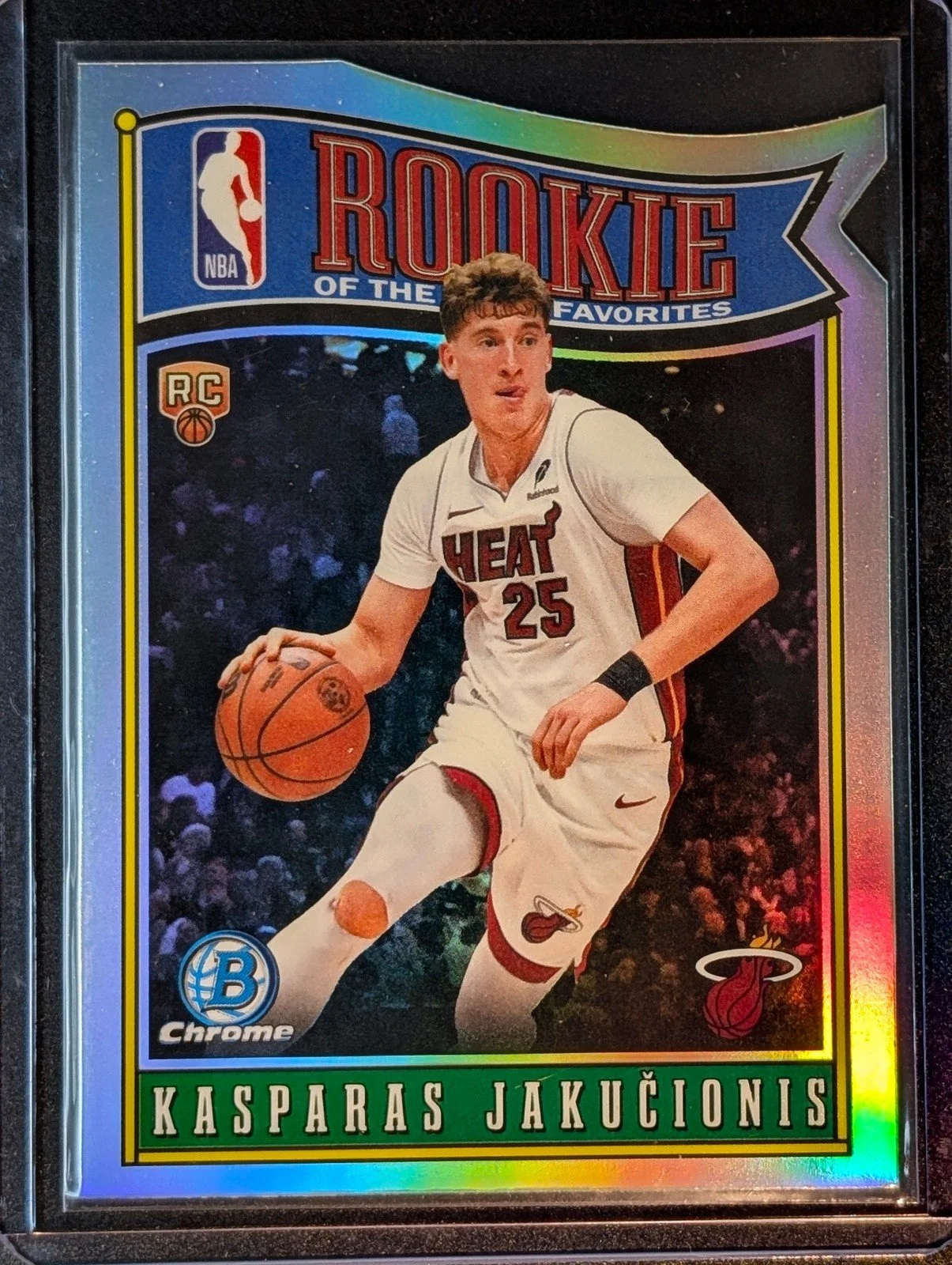 Front of 2025-26 Bowman #RY-12 Kasparas Jakucionis Rookie of the Year Favorites Refractor