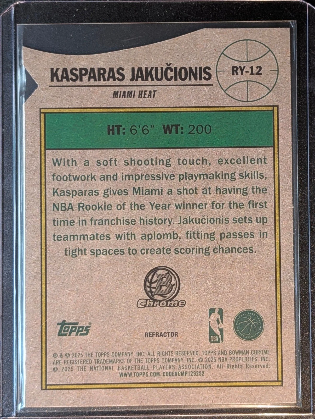Back of 2025-26 Bowman #RY-12 Kasparas Jakucionis Rookie of the Year Favorites Refractor