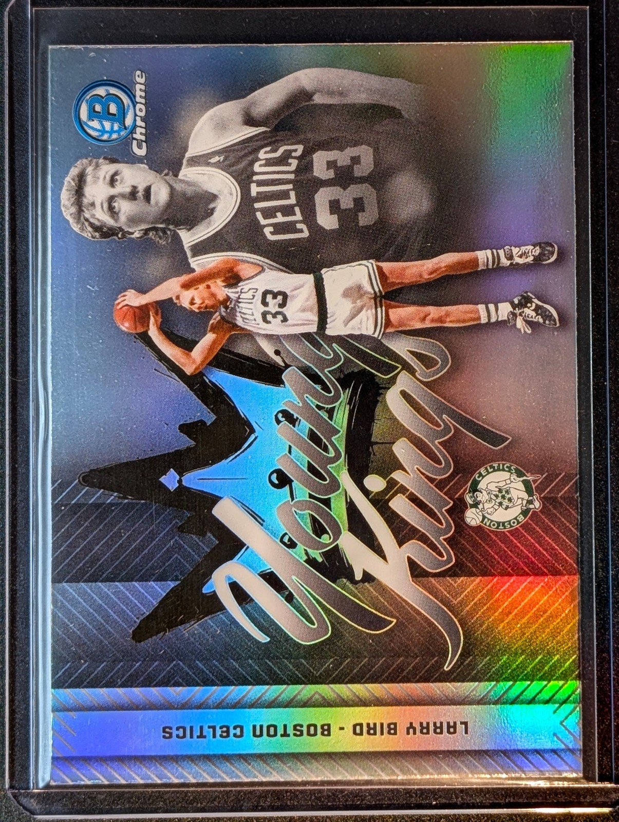 Front of 2025-26 Bowman #YK-17 Larry Bird Young Kings Refractors