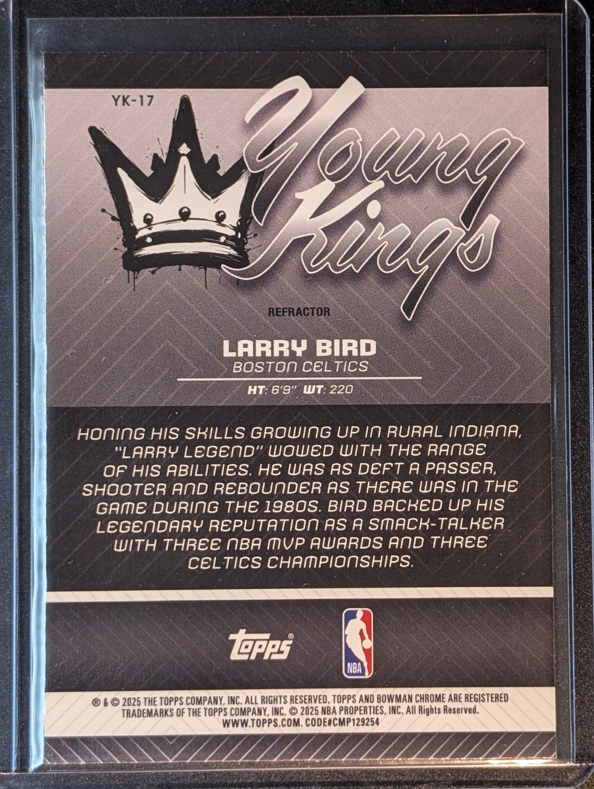 Back of 2025-26 Bowman #YK-17 Larry Bird Young Kings Refractors